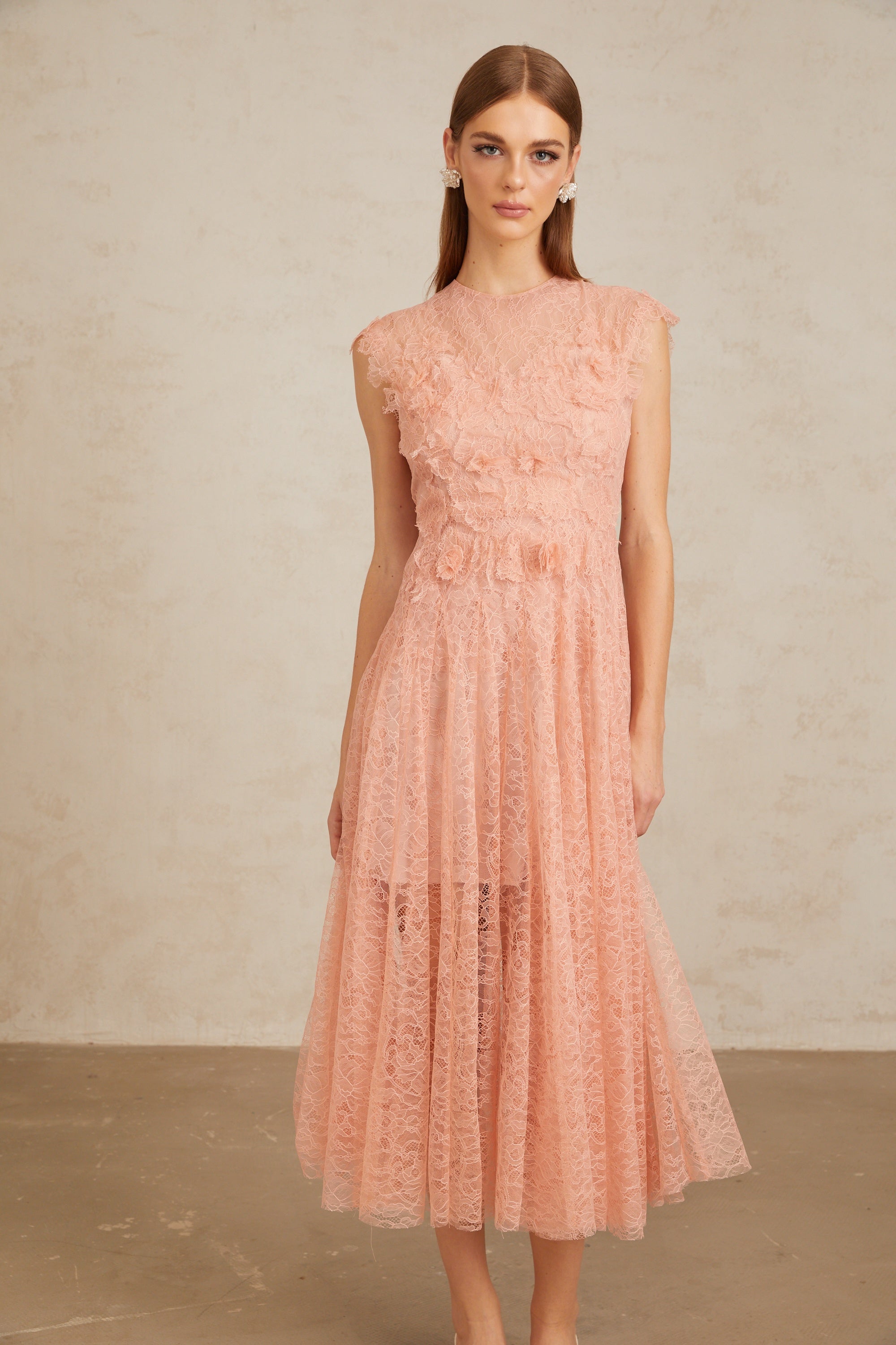 Aila Pink Shirred Guipure Lace Midi Dress (Final Sale-US Only)