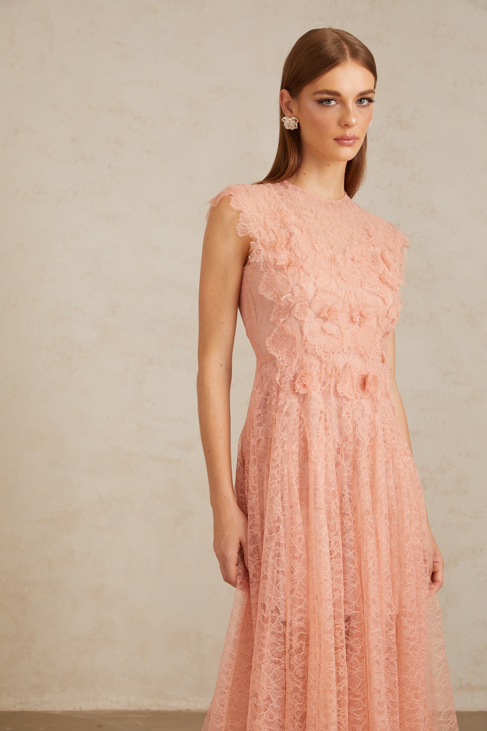 Aila Pink Shirred Guipure Lace Midi Dress (Final Sale-US Only)