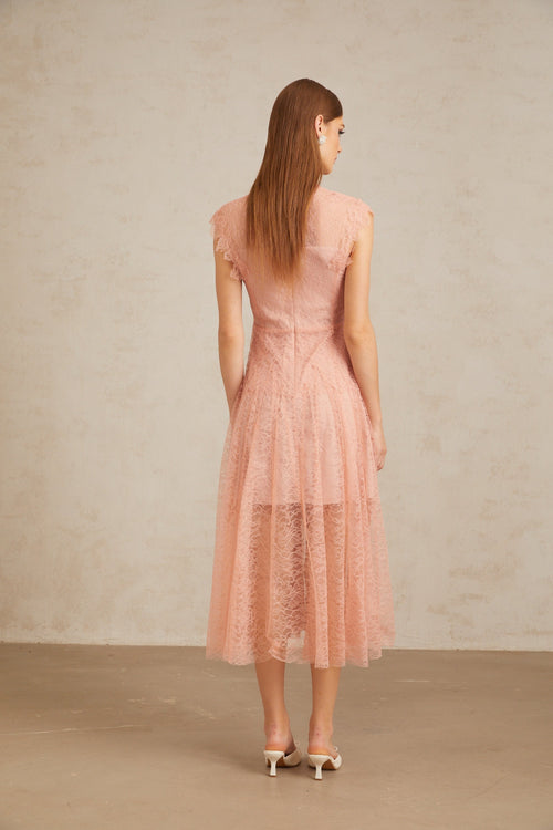 Aila Pink Shirred Guipure Lace Midi Dress (Final Sale-US Only)