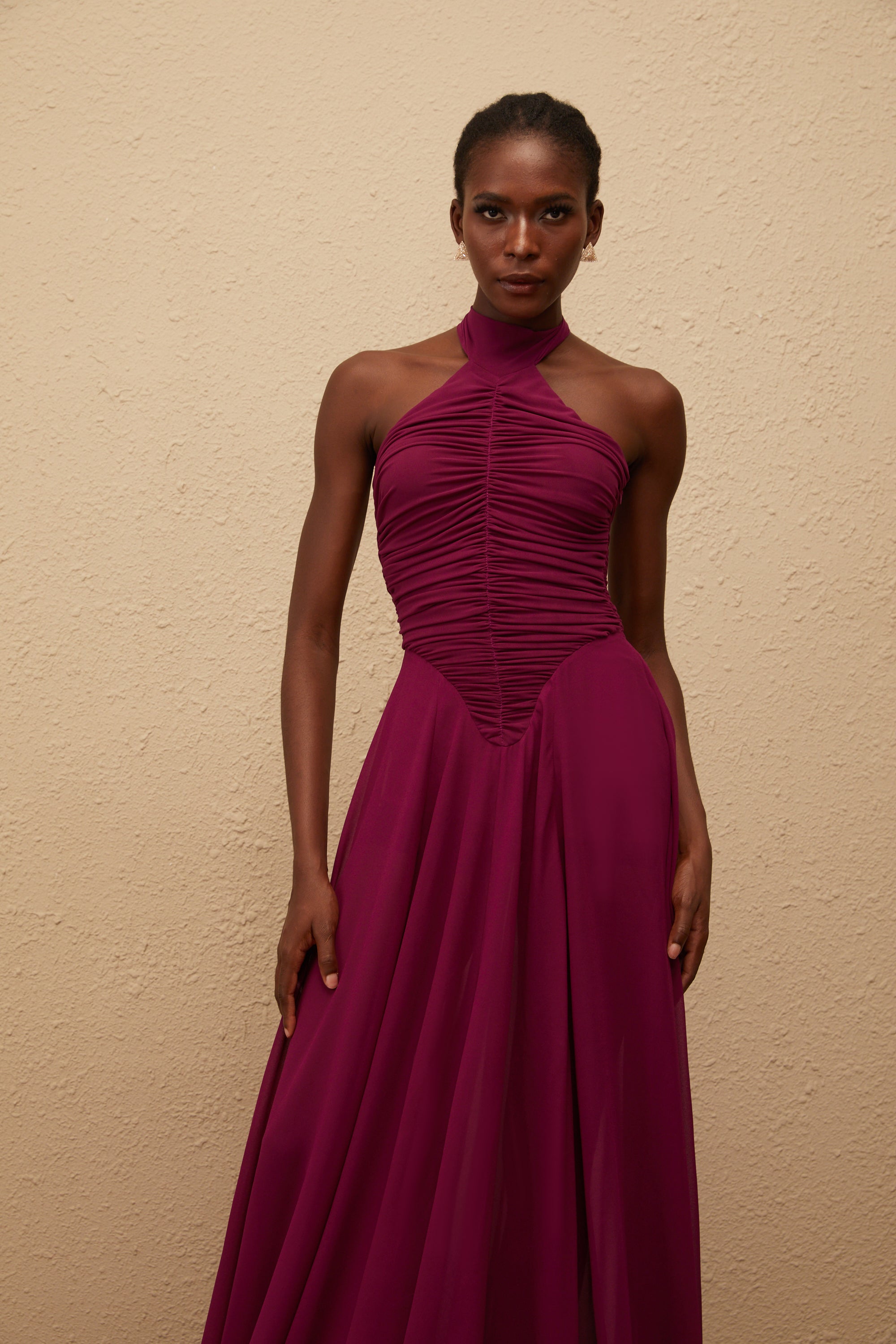 Kerstin Purple Train Design Ruched Maxi Dress (Final Sale)