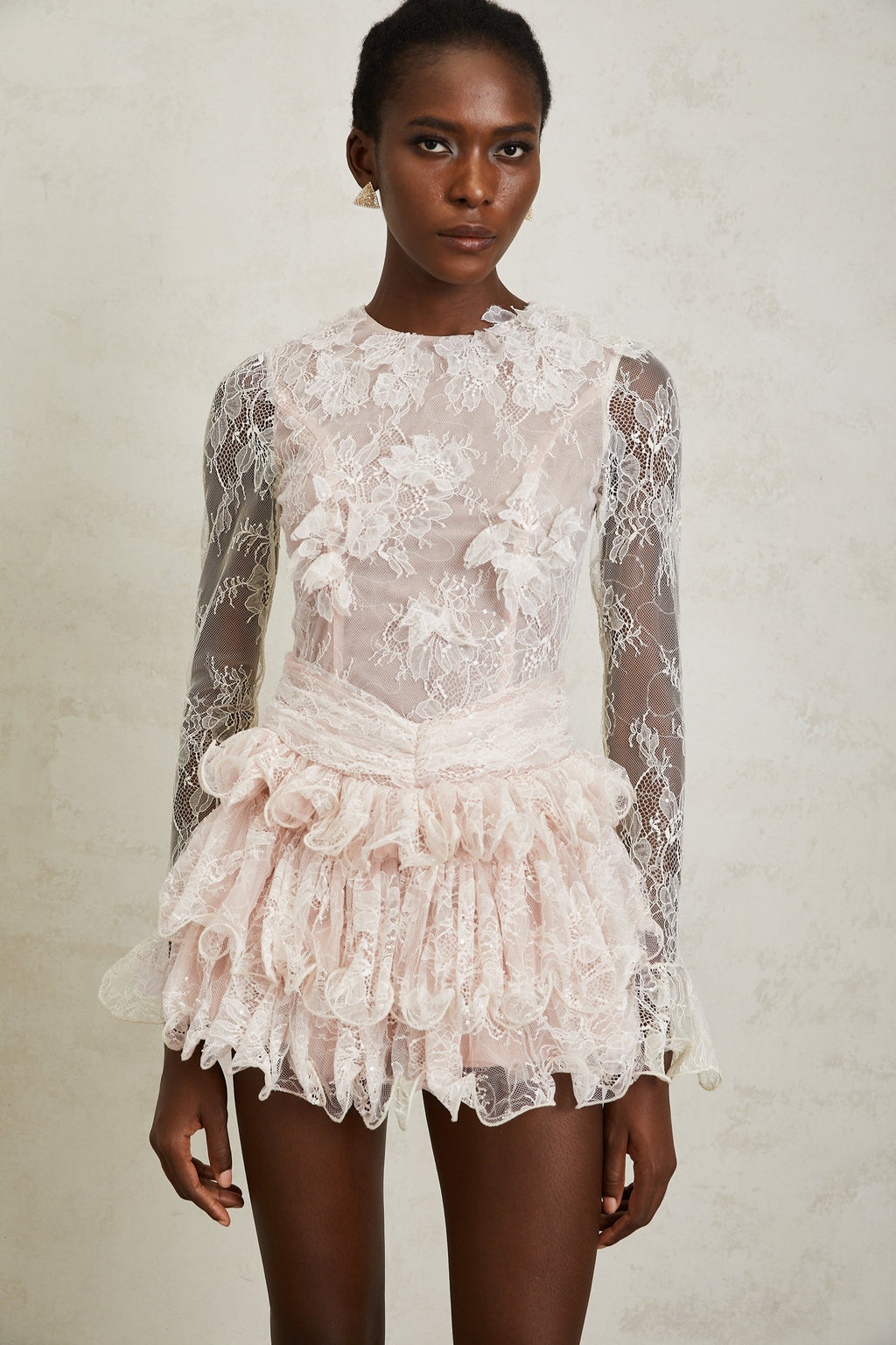 Baptistine White Floral Lace Tiered Mini Dress