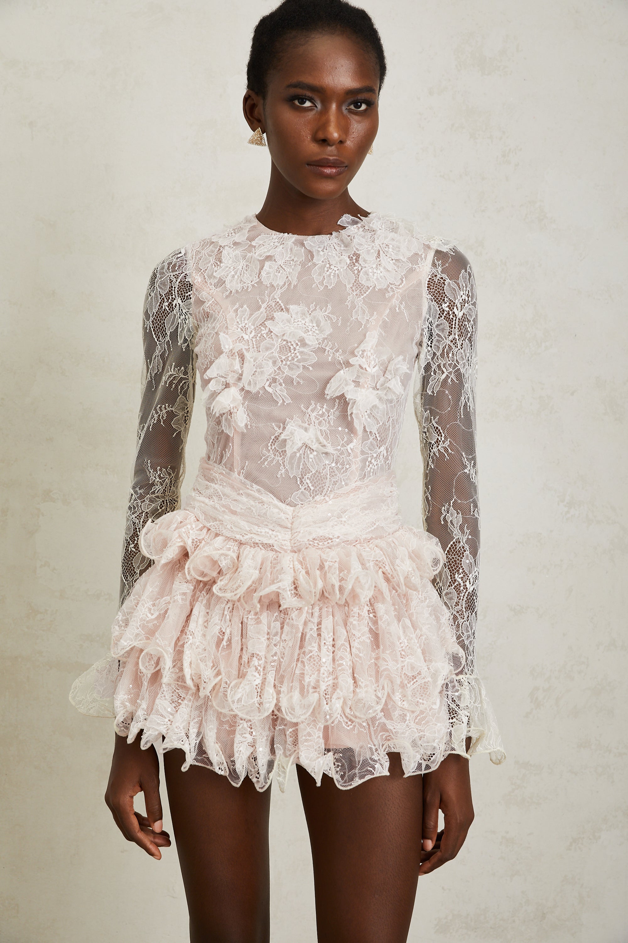 Baptistine White Floral Lace Tiered Mini Dress