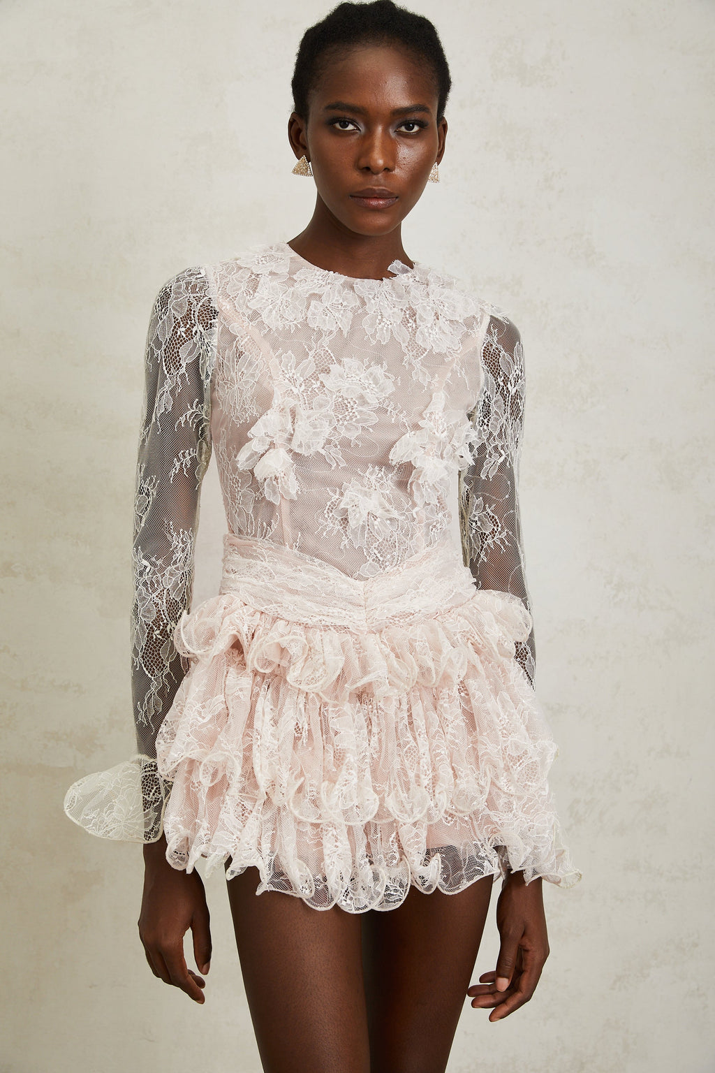 Baptistine White Floral Lace Tiered Mini Dress