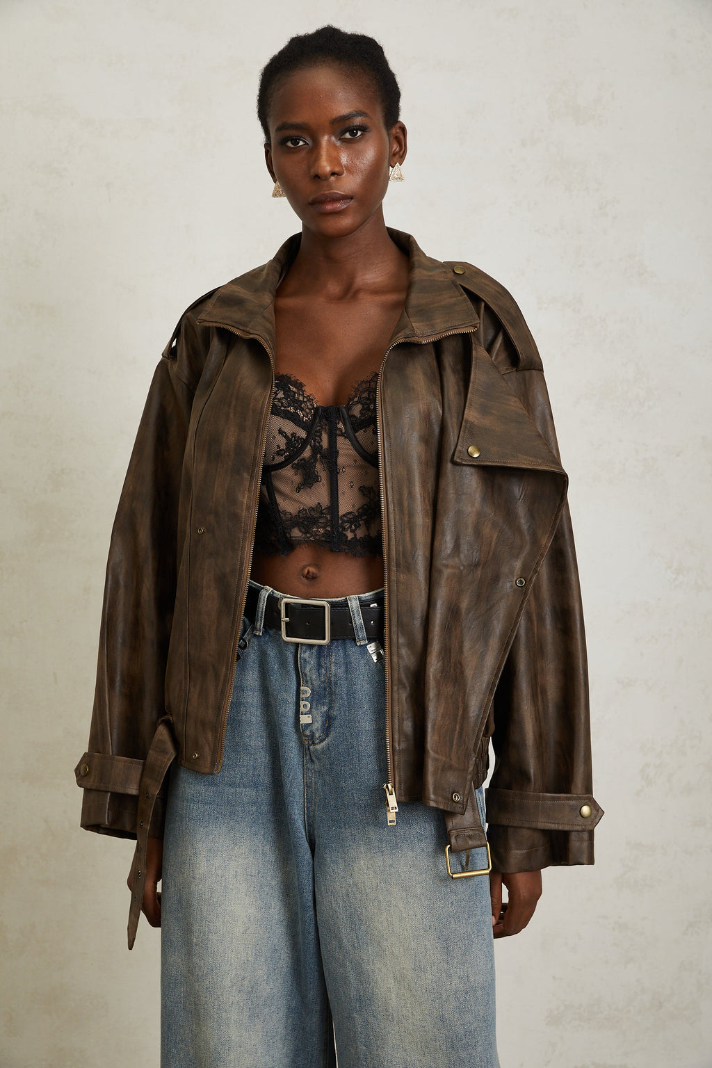 Manon Brown Tie-Dye Leather Biker Jacket (Final Sale-US Only)