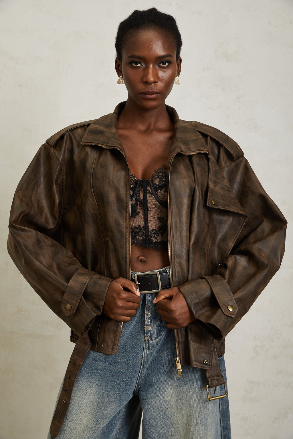Manon Brown Tie-Dye Leather Biker Jacket (Final Sale-US Only)