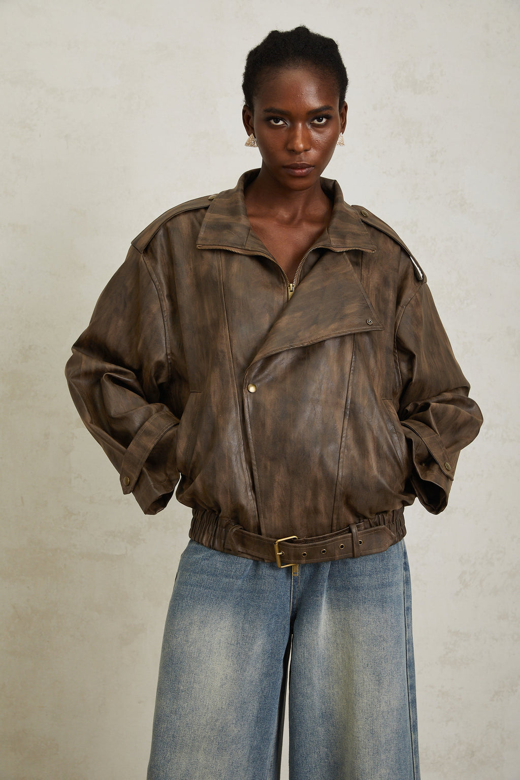 Manon Brown Tie-Dye Leather Biker Jacket (Final Sale-US Only)