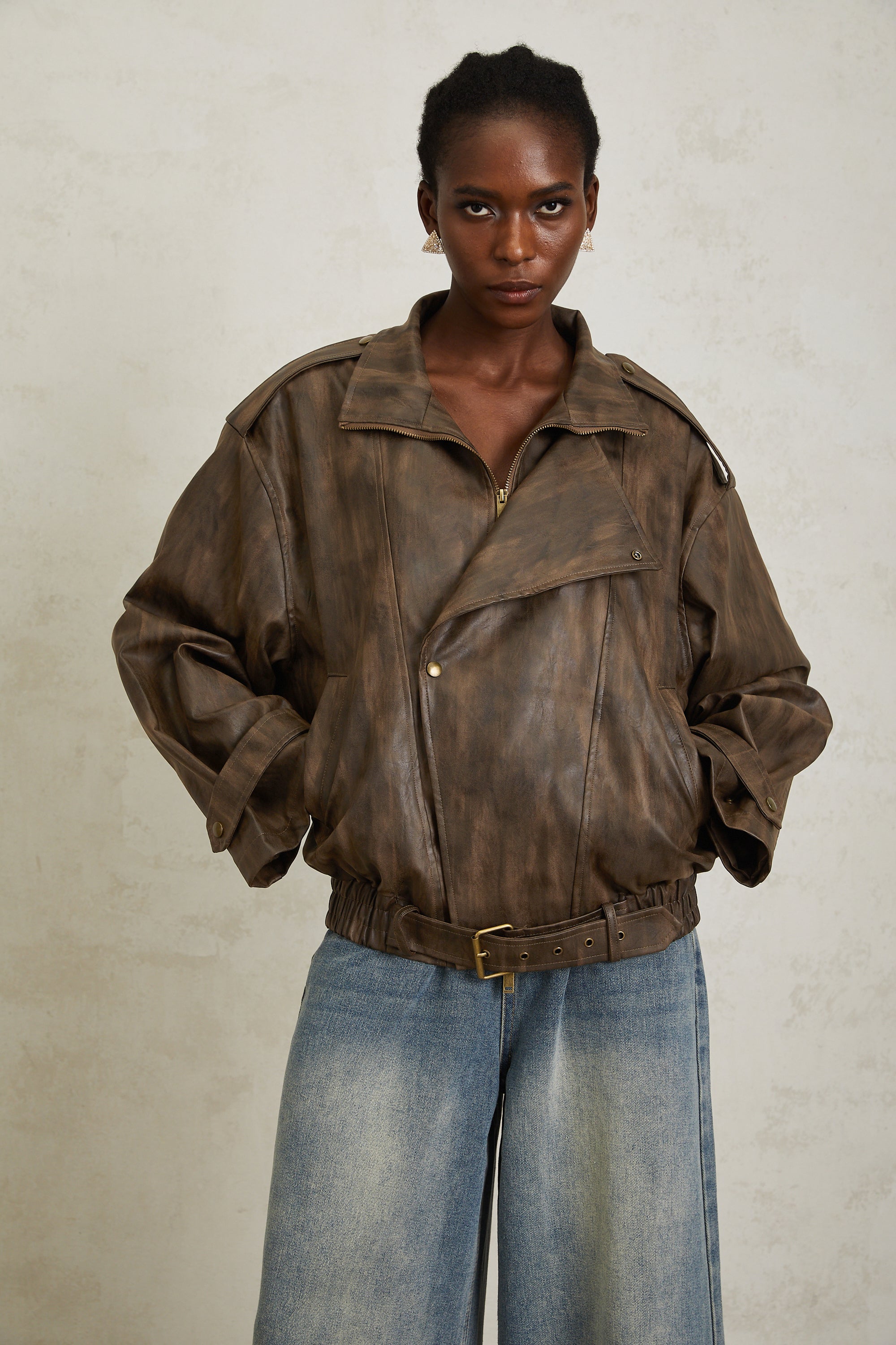 Manon Brown Tie-Dye Leather Biker Jacket (Final Sale-US Only)