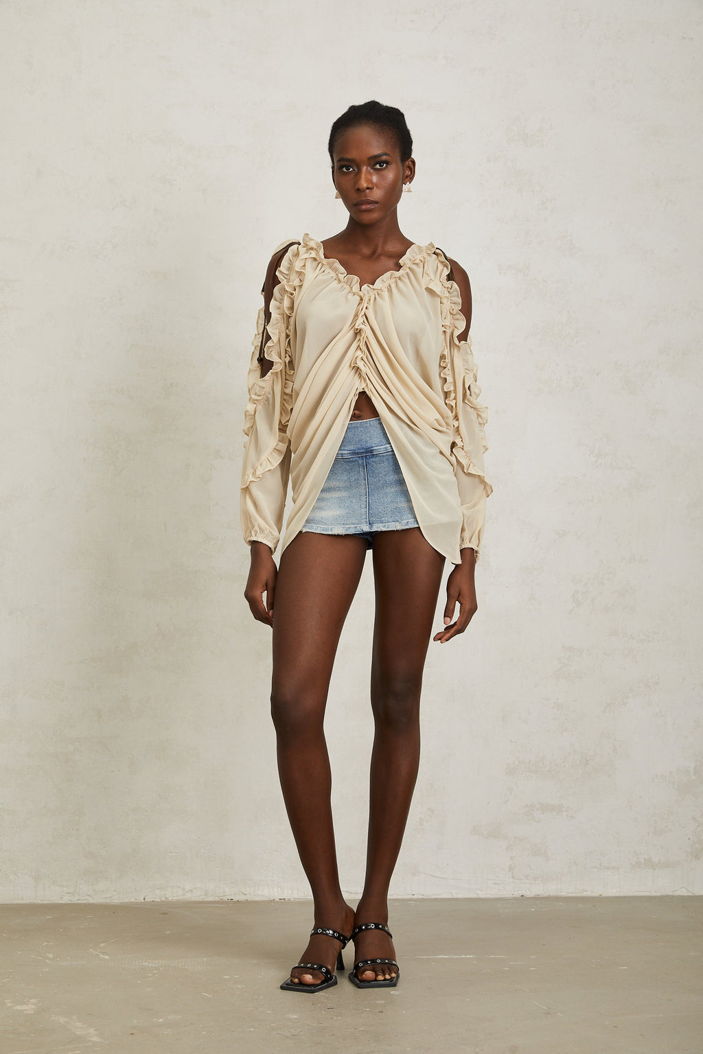 Priscille Neutral Ruffled Trim Chiffon Blouse (Final Sale-US Only)
