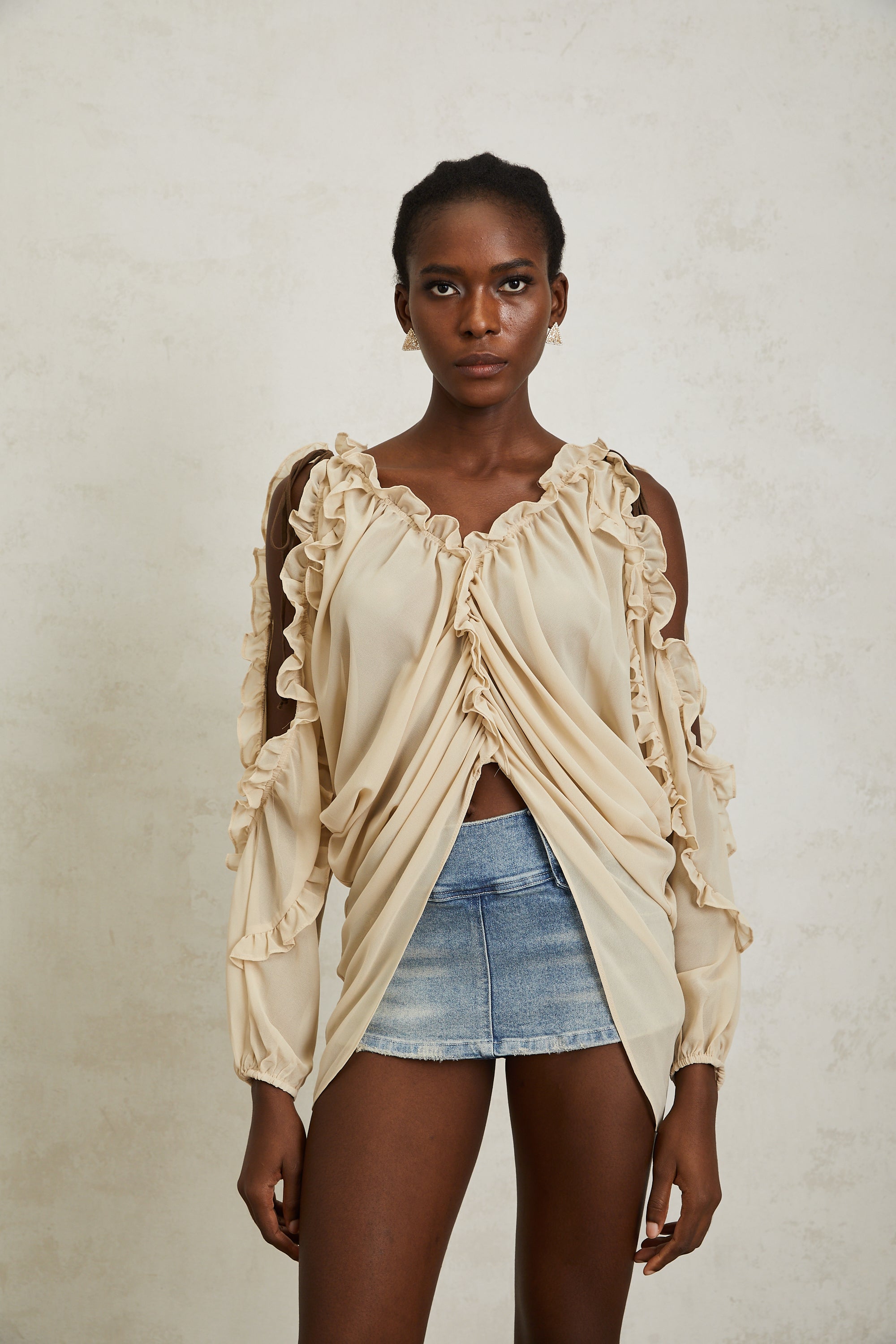 Priscille Neutral Ruffled Trim Chiffon Blouse (Final Sale-US Only)