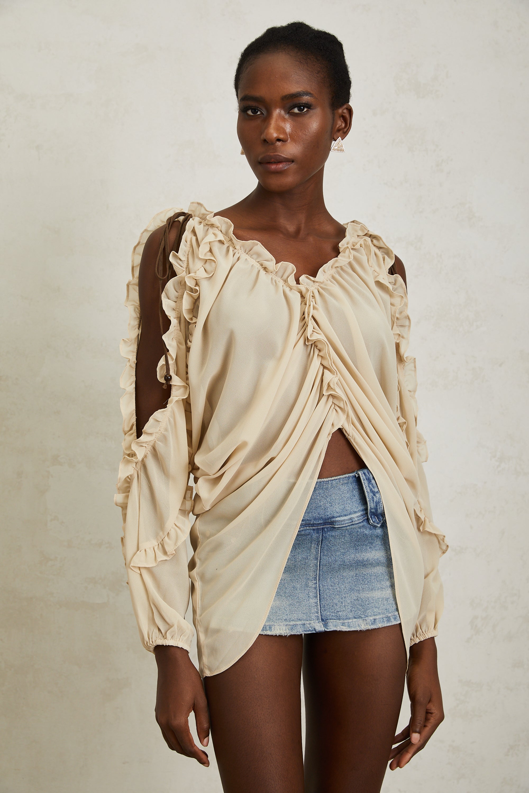 Priscille Neutral Ruffled Trim Chiffon Blouse (Final Sale-US Only)