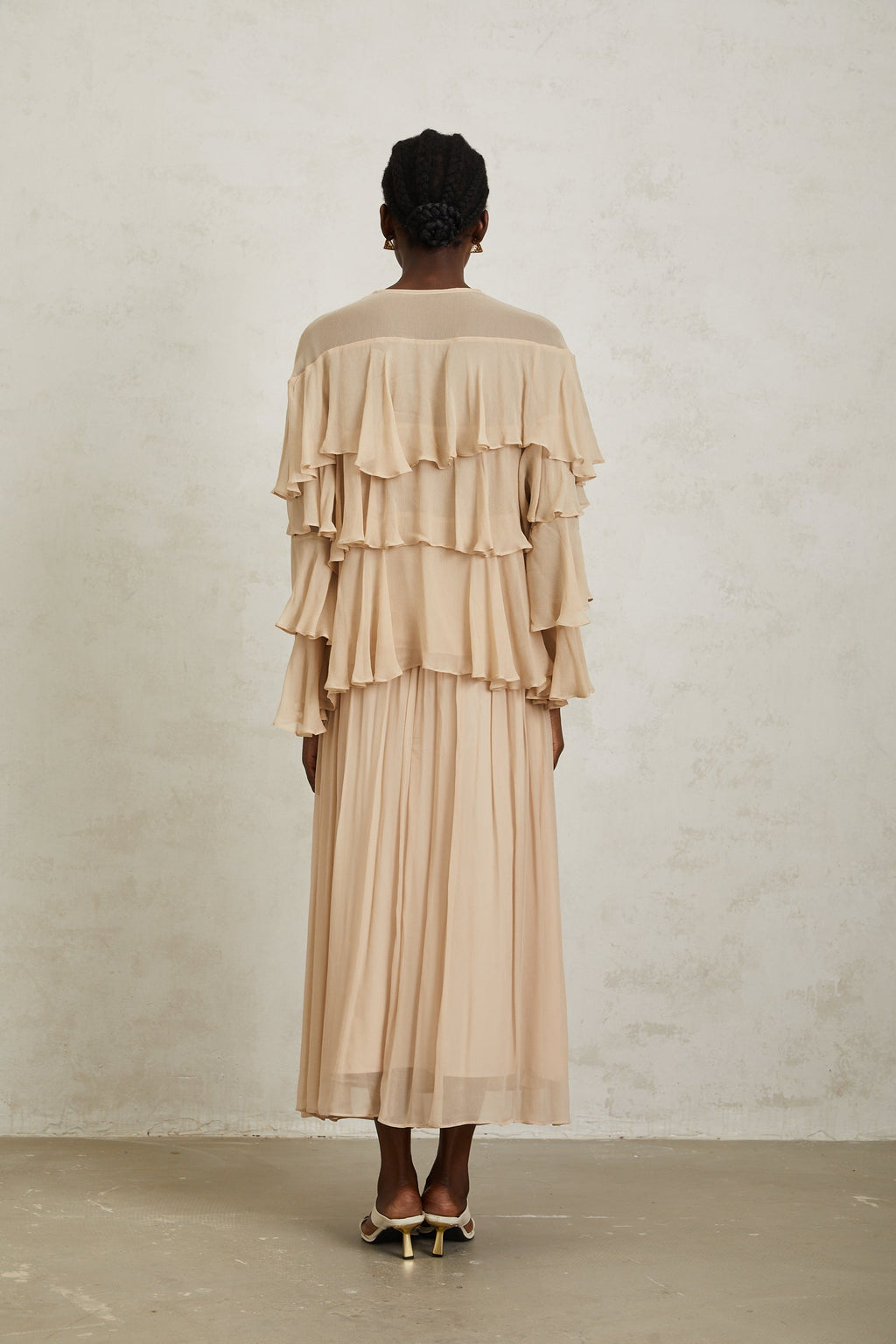 Brigitte Neutral Layered Chiffon Blouse & Skirt Set (Final Sale-US Only)