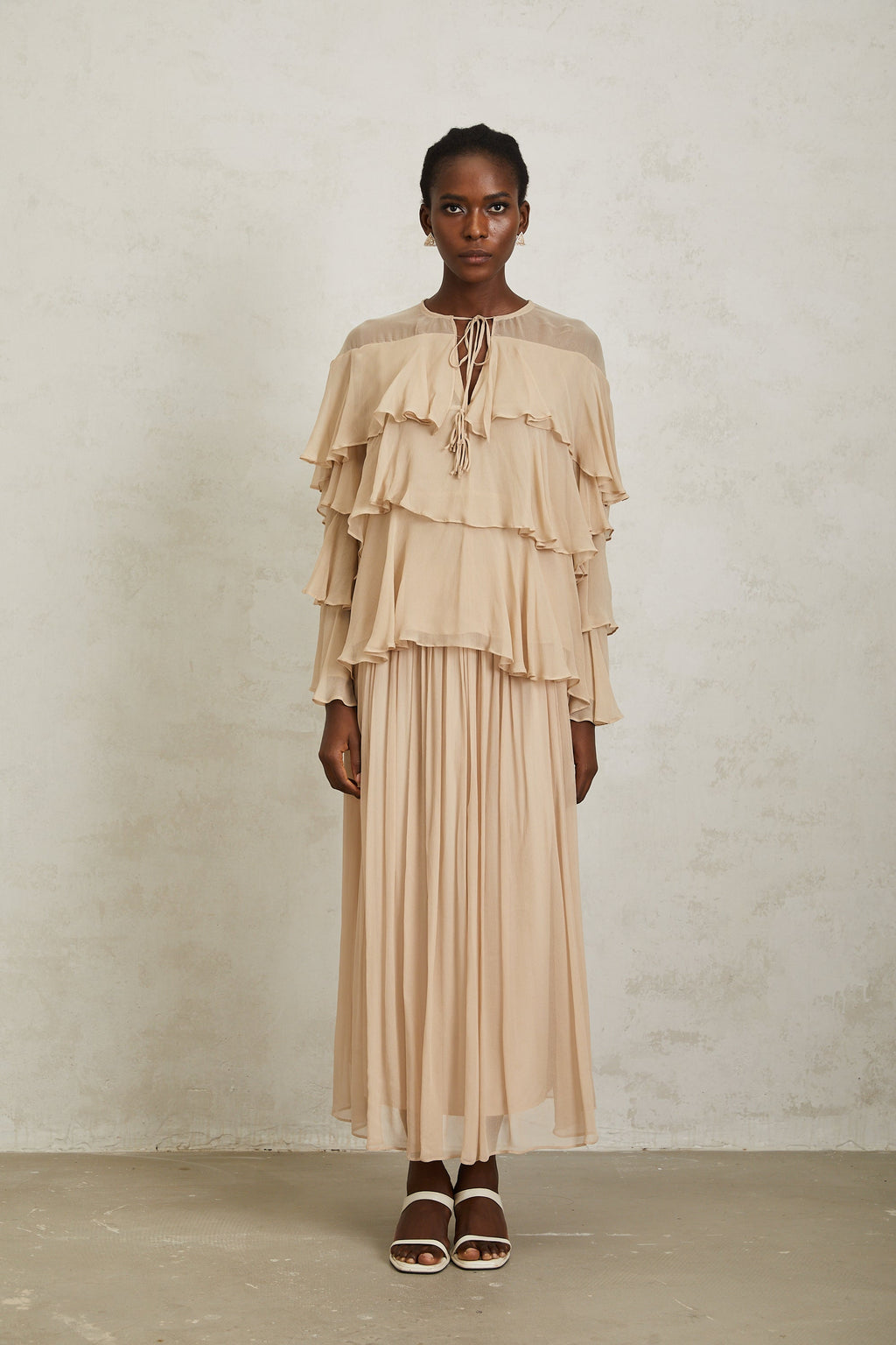 Brigitte Neutral Layered Chiffon Blouse & Skirt Set (Final Sale-US Only)
