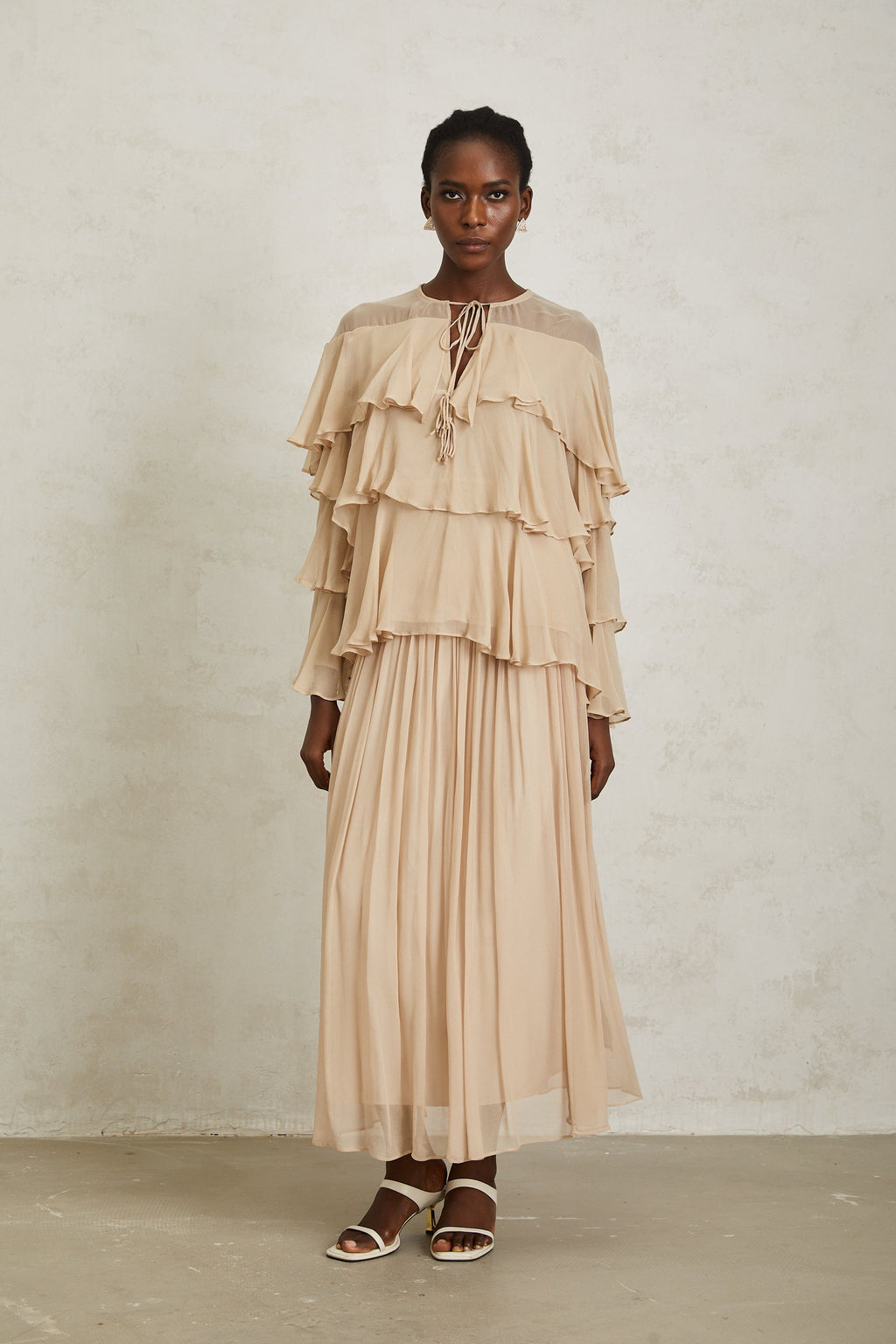 Brigitte Neutral Layered Chiffon Blouse & Skirt Set (Final Sale-US Only)