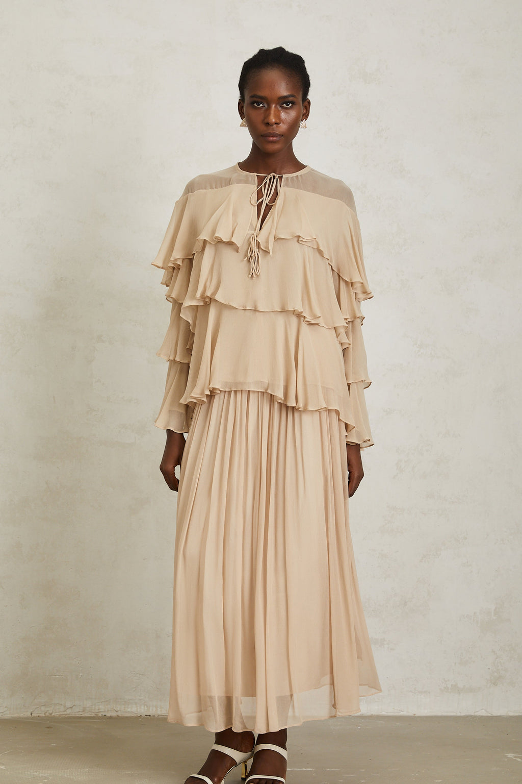 Brigitte Neutral Layered Chiffon Blouse & Skirt Set (Final Sale-US Only)
