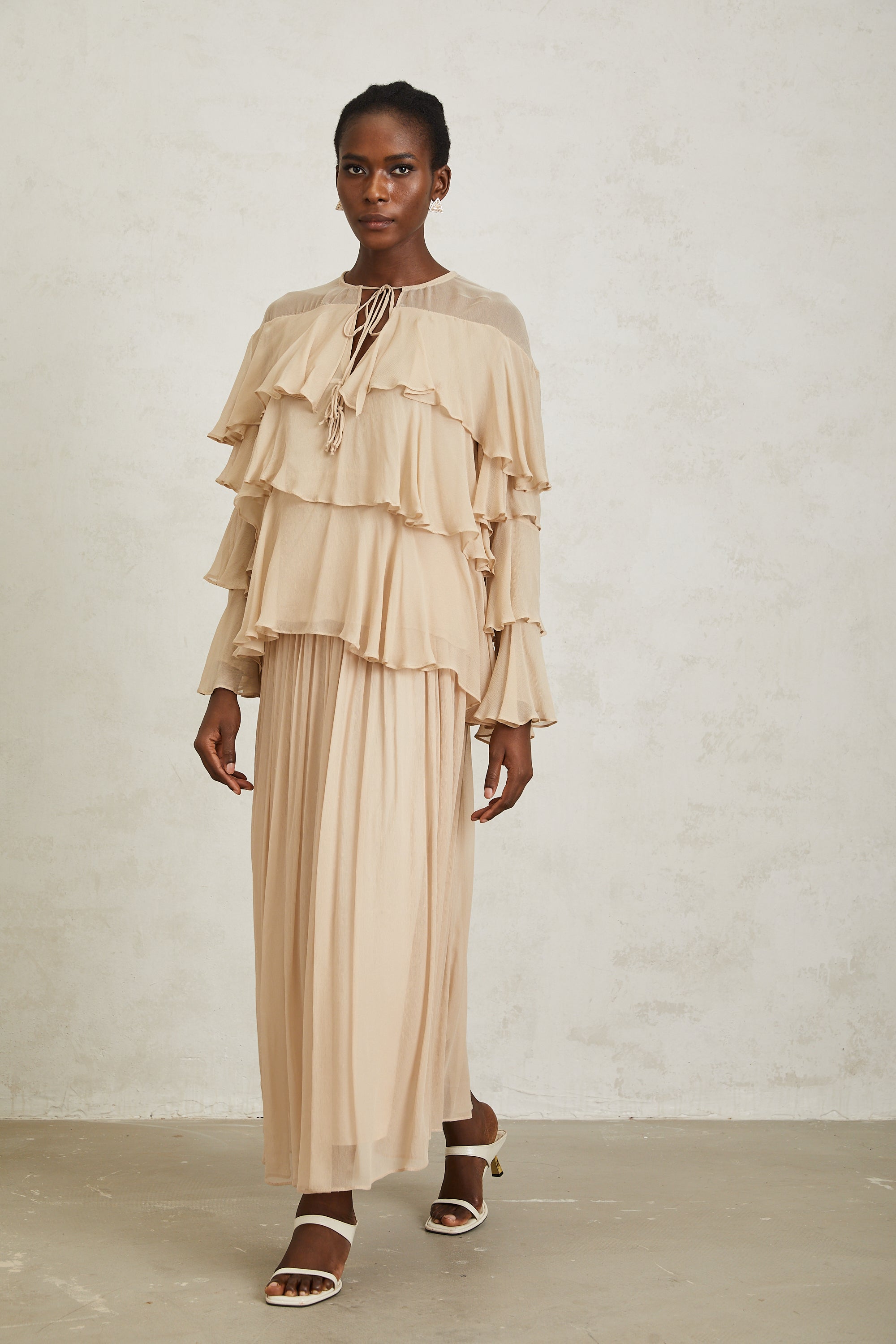 Brigitte Neutral Layered Chiffon Blouse & Skirt Set (Final Sale-US Only)