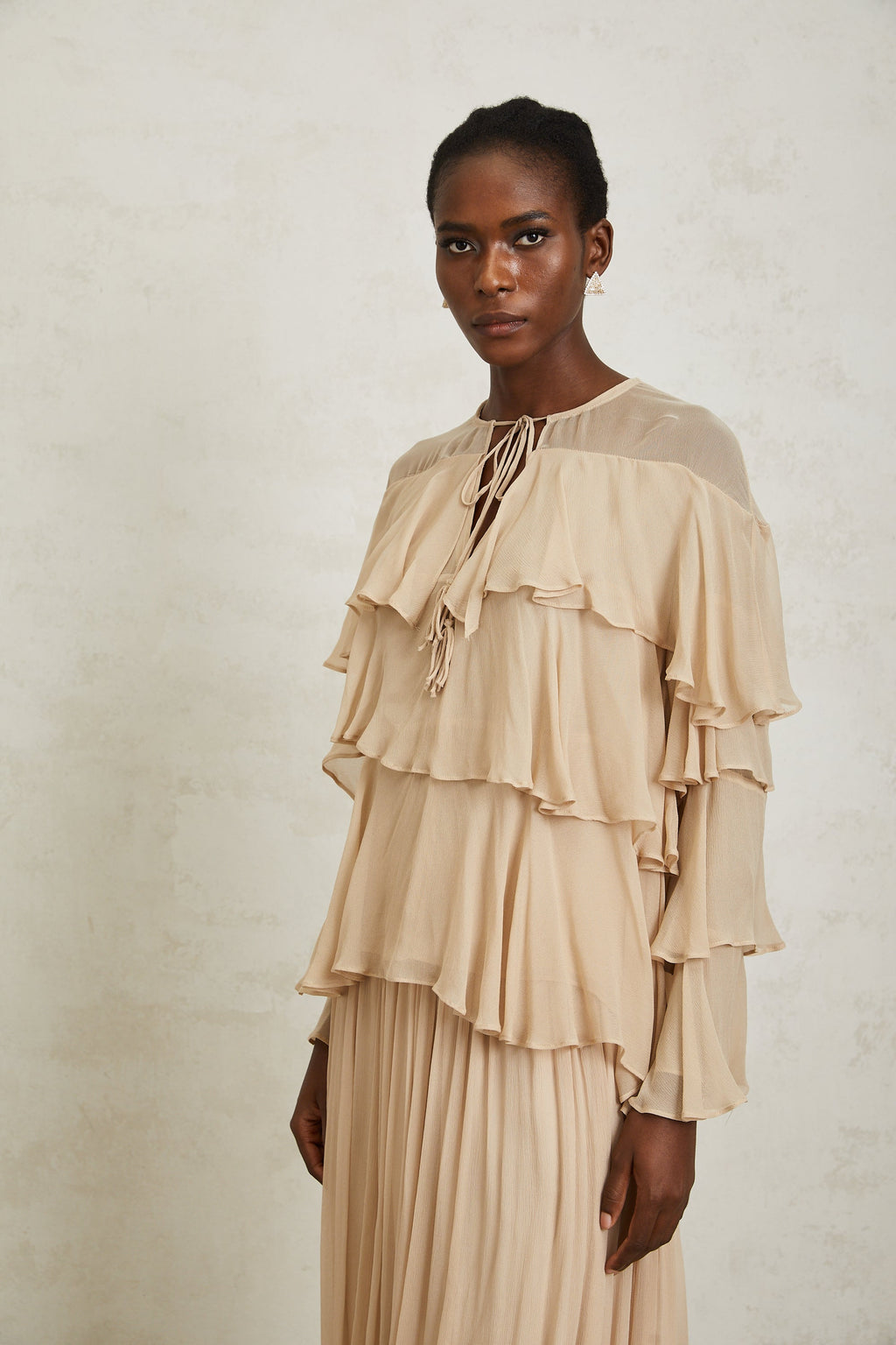 Brigitte Neutral Layered Chiffon Blouse & Skirt Set (Final Sale-US Only)