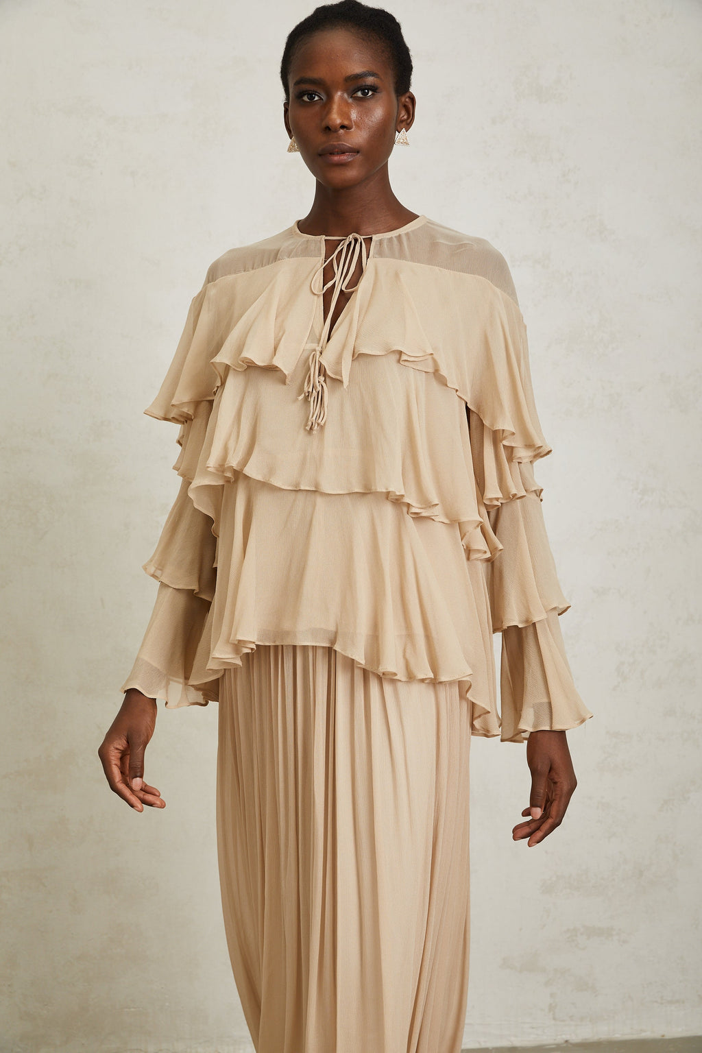 Brigitte Neutral Layered Chiffon Blouse & Skirt Set (Final Sale-US Only)