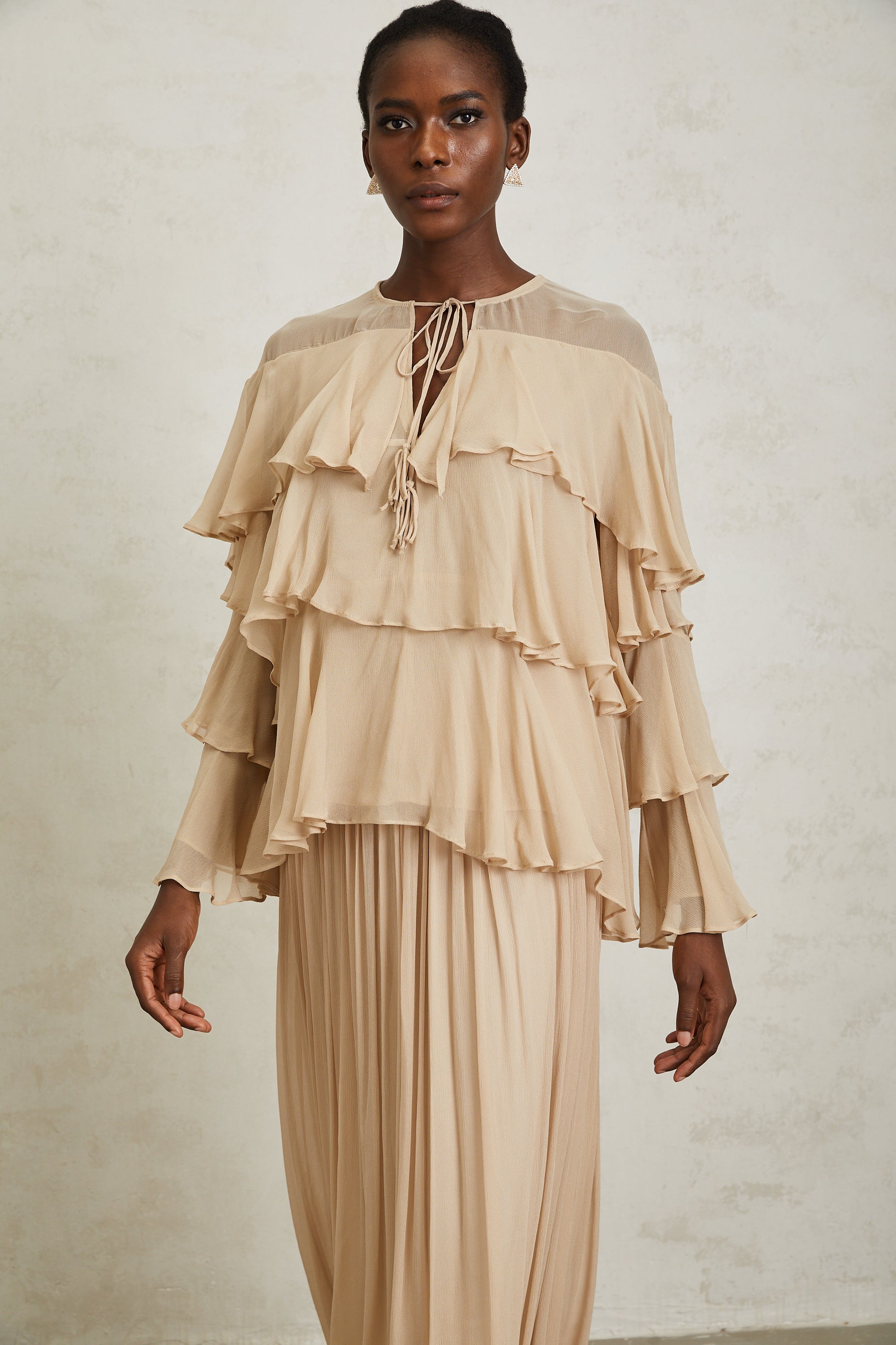 Brigitte Neutral Layered Chiffon Blouse & Skirt Set (Final Sale-US Only)