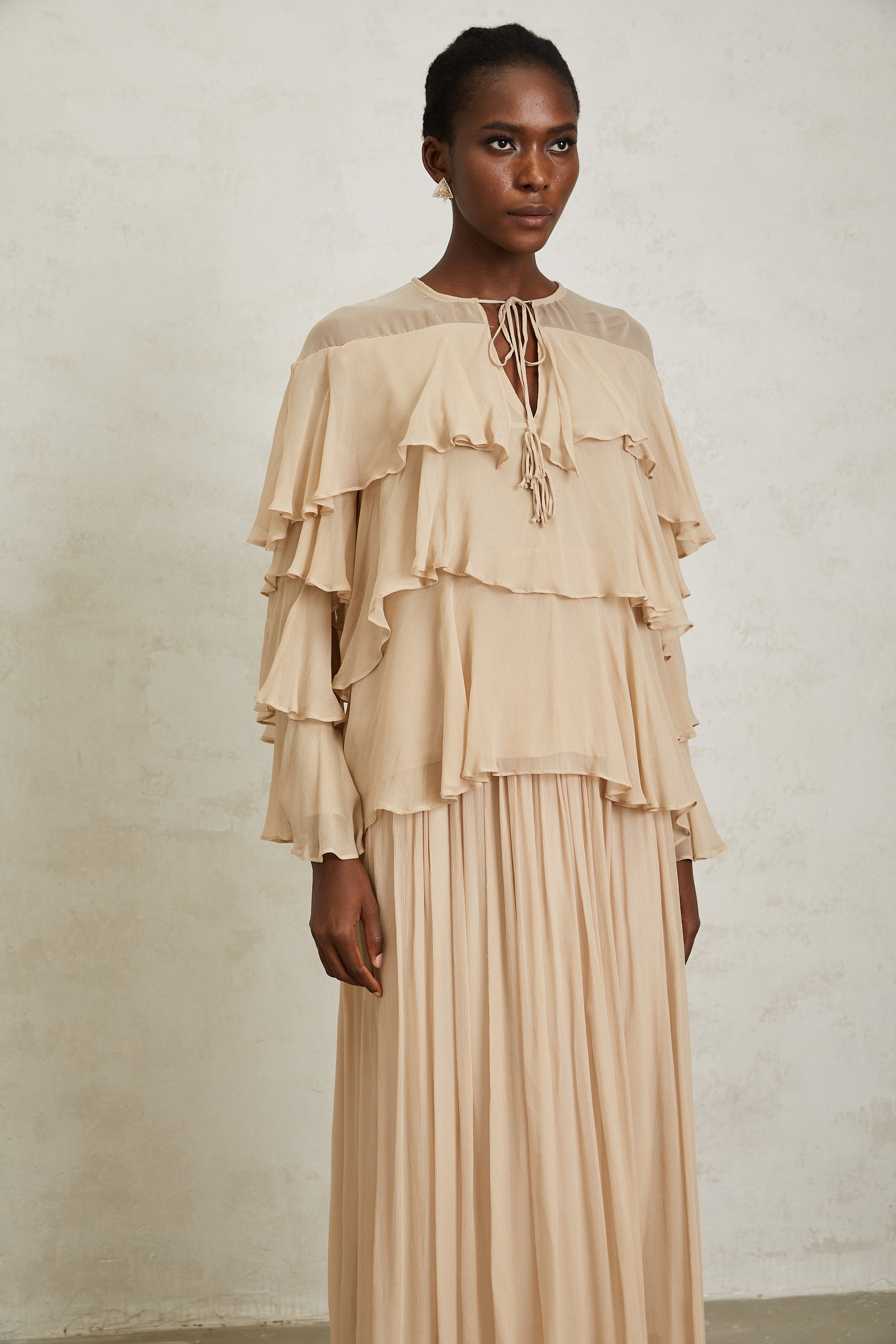 Brigitte Neutral Layered Chiffon Blouse & Skirt Set (Final Sale-US Only)