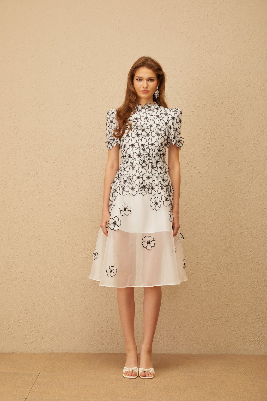 Yaelle White Floral Appliqué Tulle Midi Dress