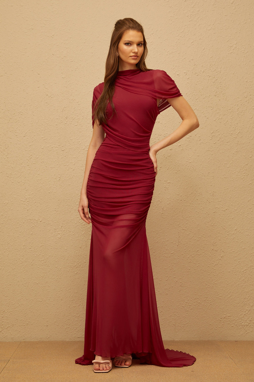 Sylphe Red Asymmetrical Ruched Mesh Maxi Dress (Final Sale-US Only)