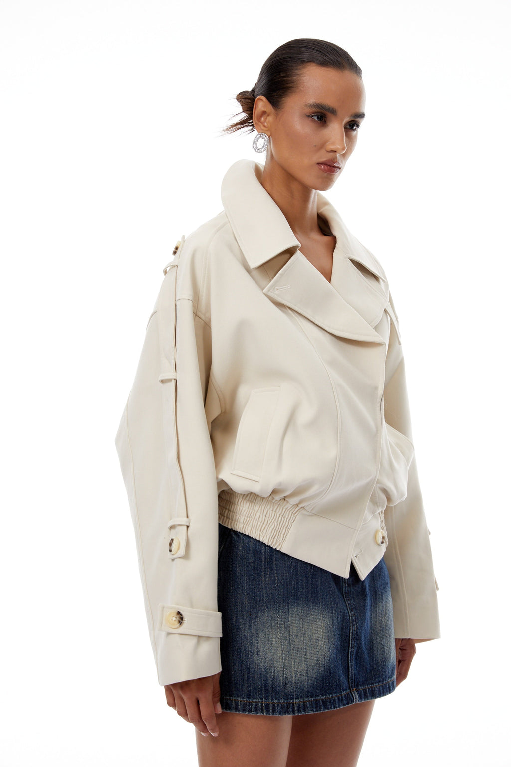 Panna Neutral Smocked Hem Biker Jacket (Final Sale-US Only)