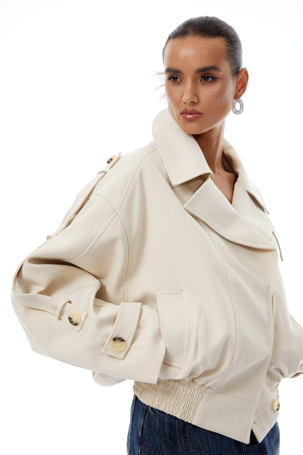 Panna Neutral Smocked Hem Biker Jacket (Final Sale-US Only)