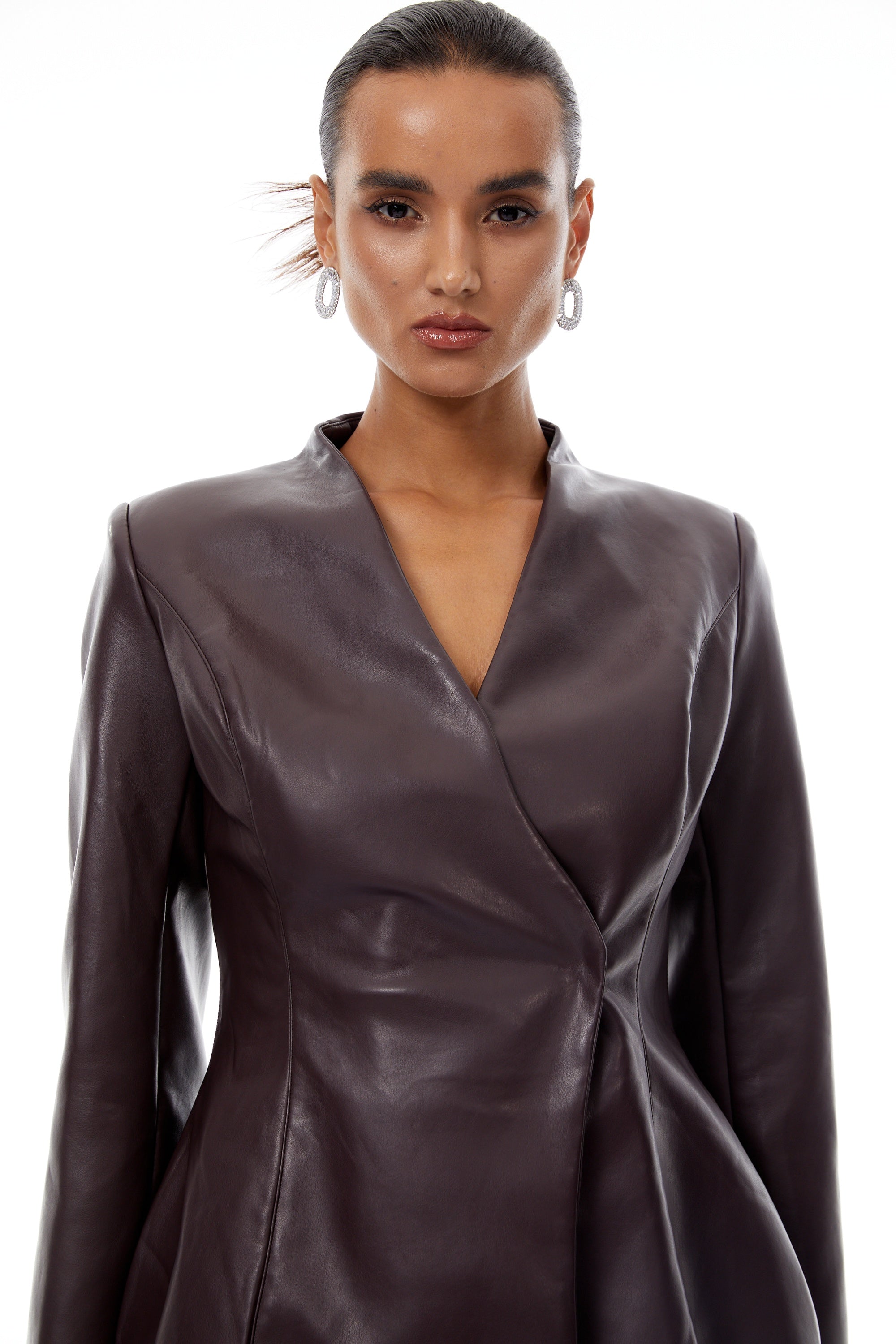 Solange Brown Leather Mini Blazer Dress (Final Sale-US Only)