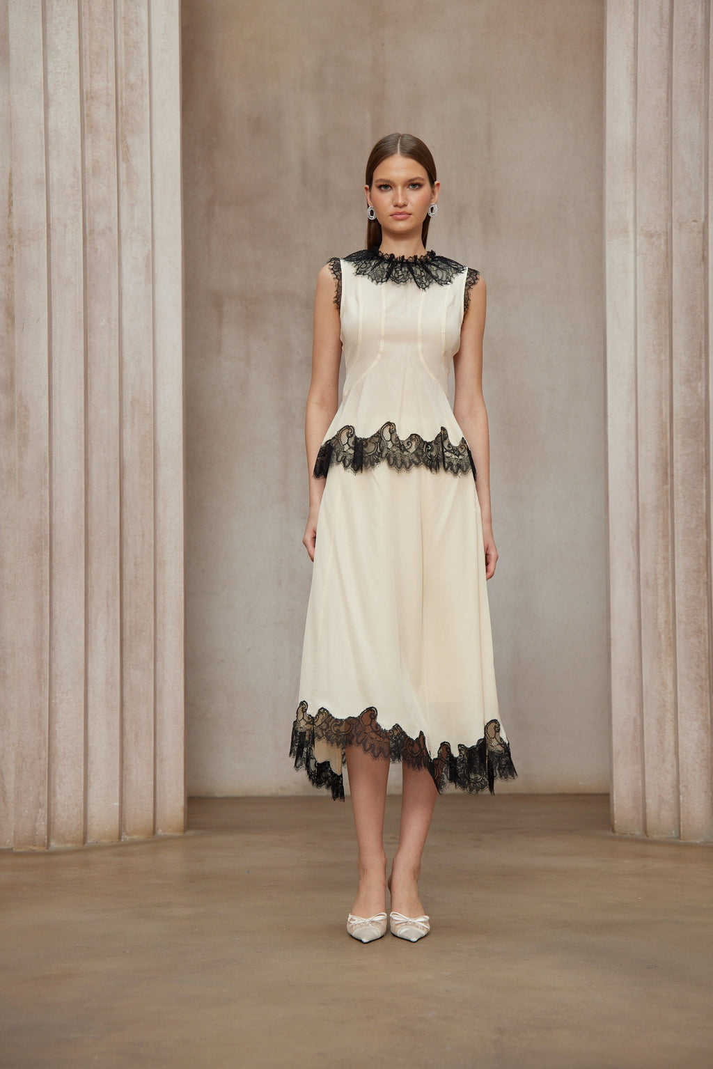 Zsófia Neutral Lace Panel Chiffon Top & Skirt Matching Set