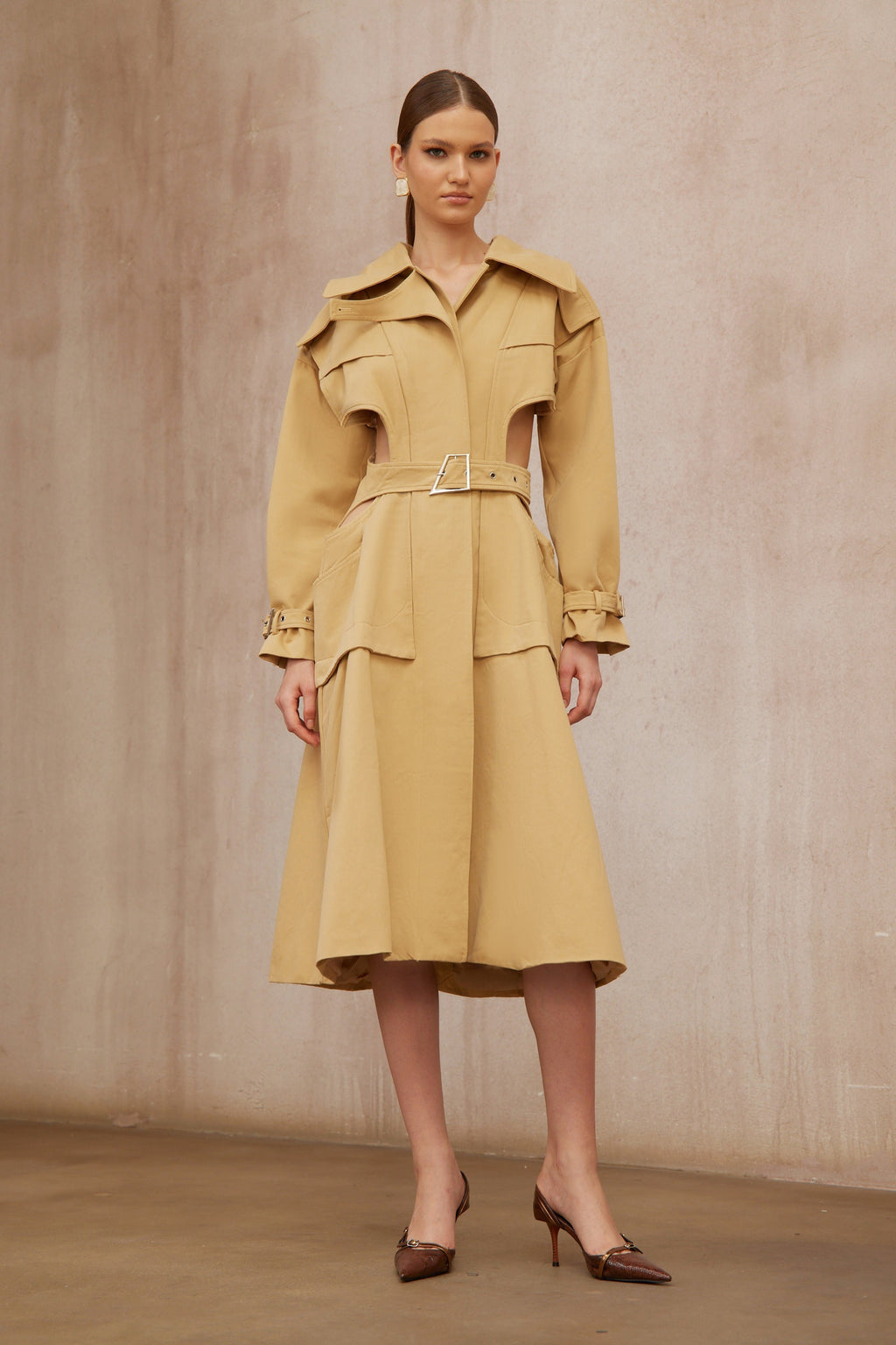 Pilar Neutral Cut Out Belted Long Trench Coat (Final Sale-US Only)