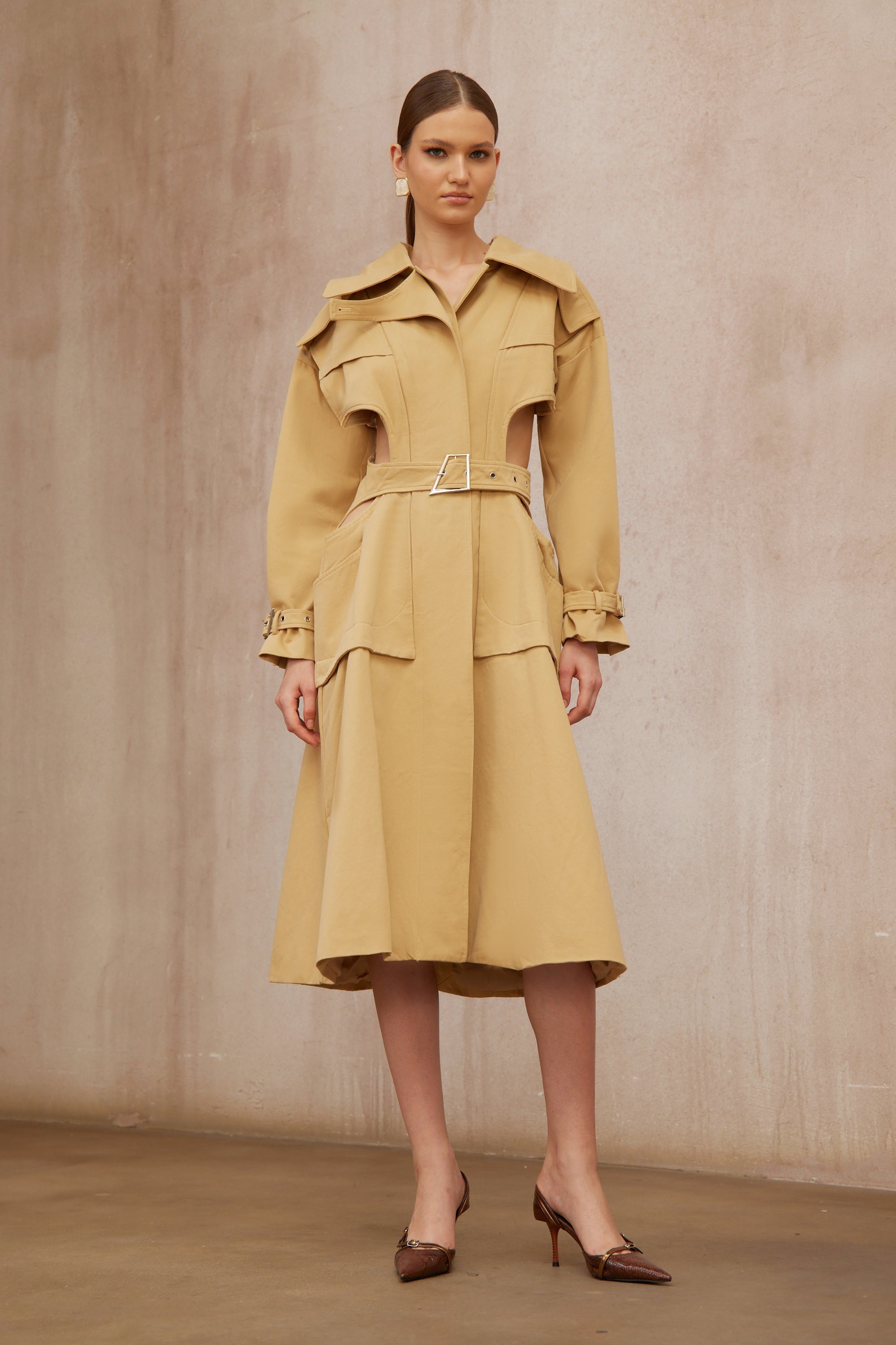 Pilar Neutral Cut Out Belted Long Trench Coat (Final Sale-US Only)