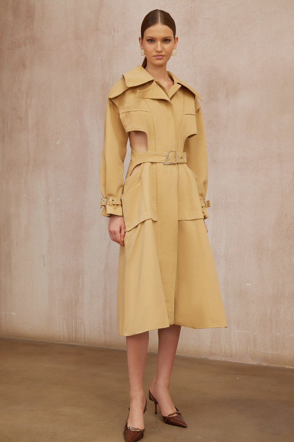 Pilar Neutral Cut Out Belted Long Trench Coat (Final Sale-US Only)