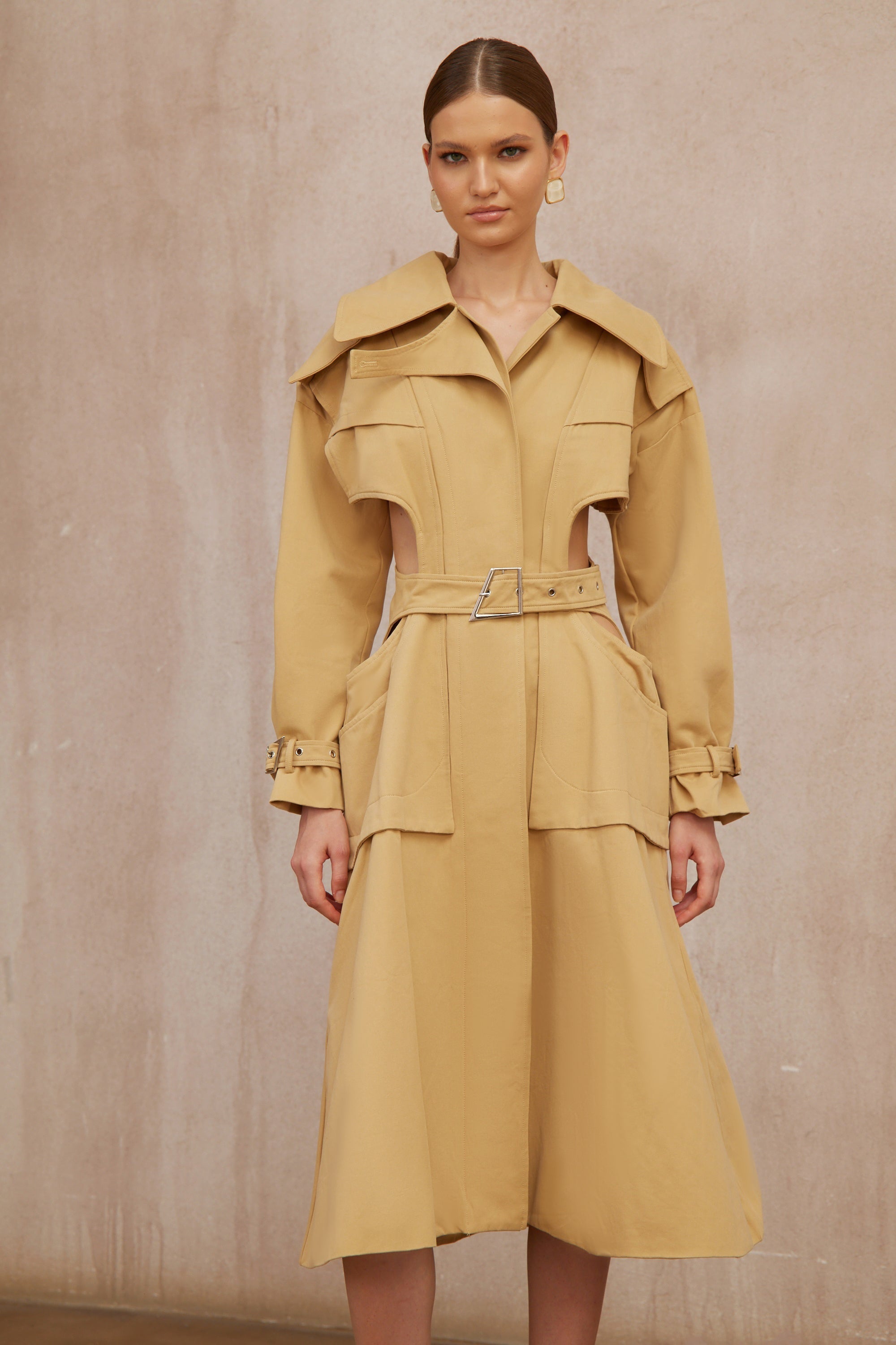 Pilar Neutral Cut Out Belted Long Trench Coat (Final Sale-US Only)