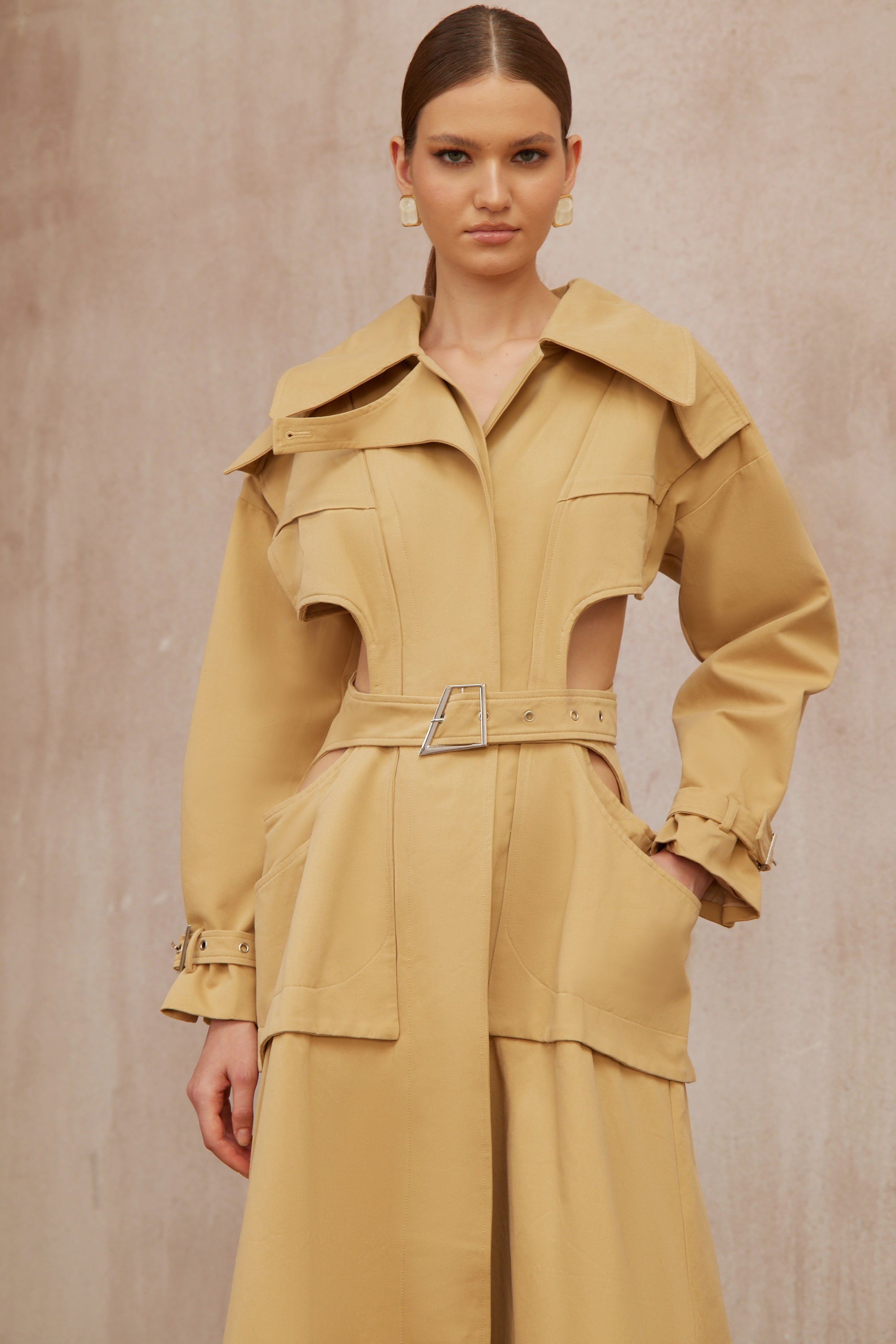 Pilar Neutral Cut Out Belted Long Trench Coat (Final Sale-US Only)