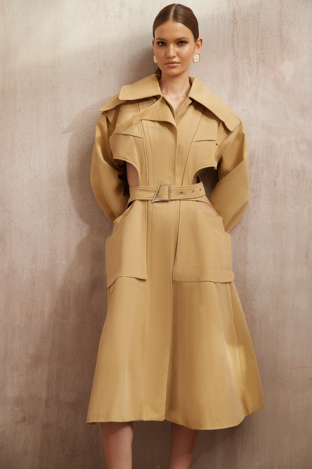 Pilar Neutral Cut Out Belted Long Trench Coat (Final Sale-US Only)