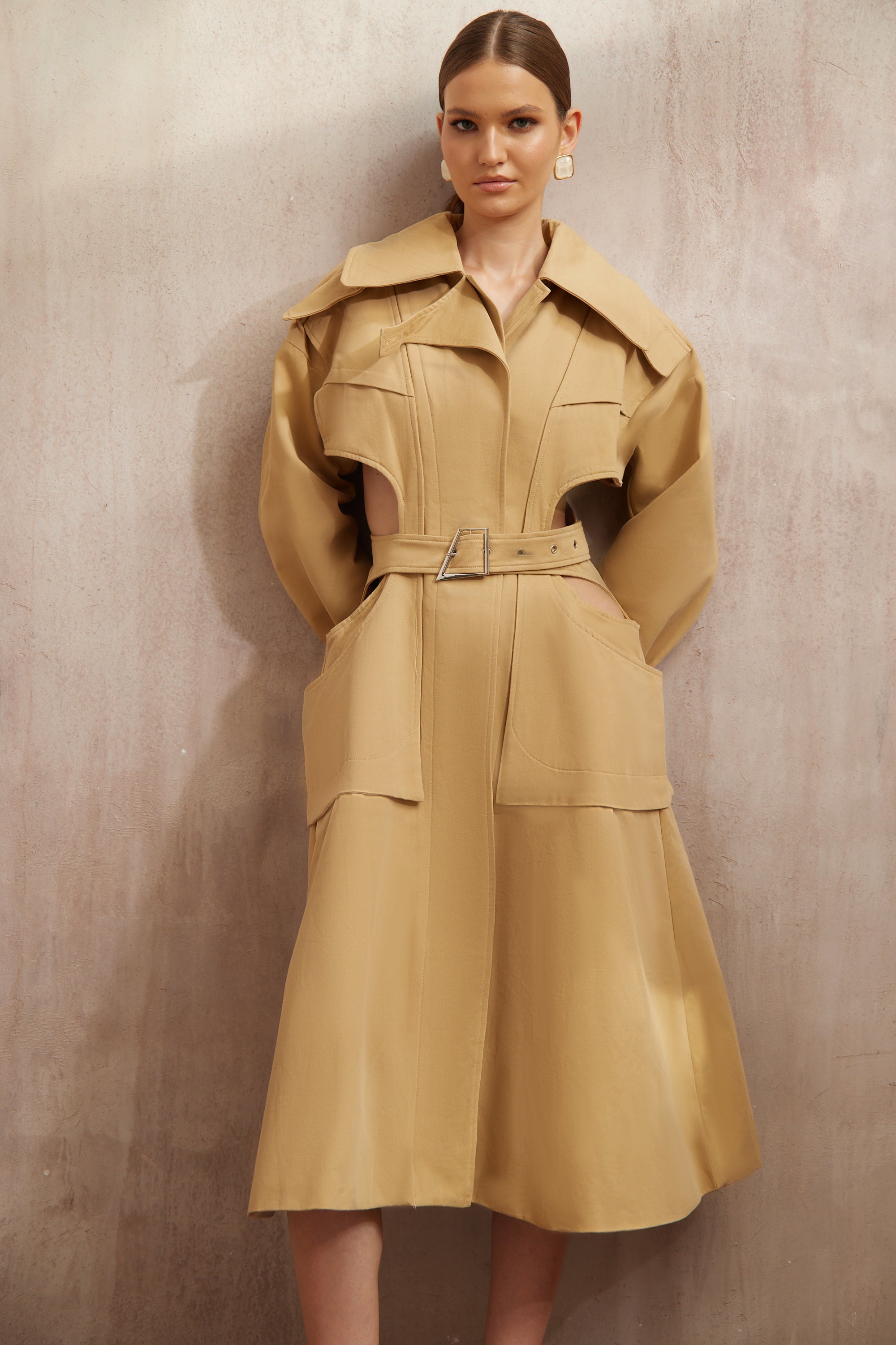 Pilar Neutral Cut Out Belted Long Trench Coat (Final Sale-US Only)