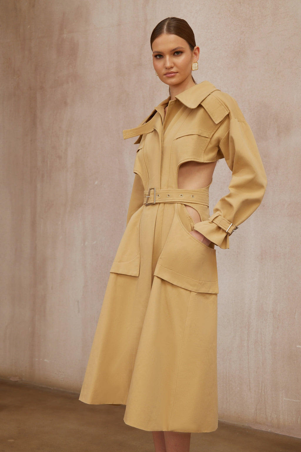 Pilar Neutral Cut Out Belted Long Trench Coat (Final Sale-US Only)