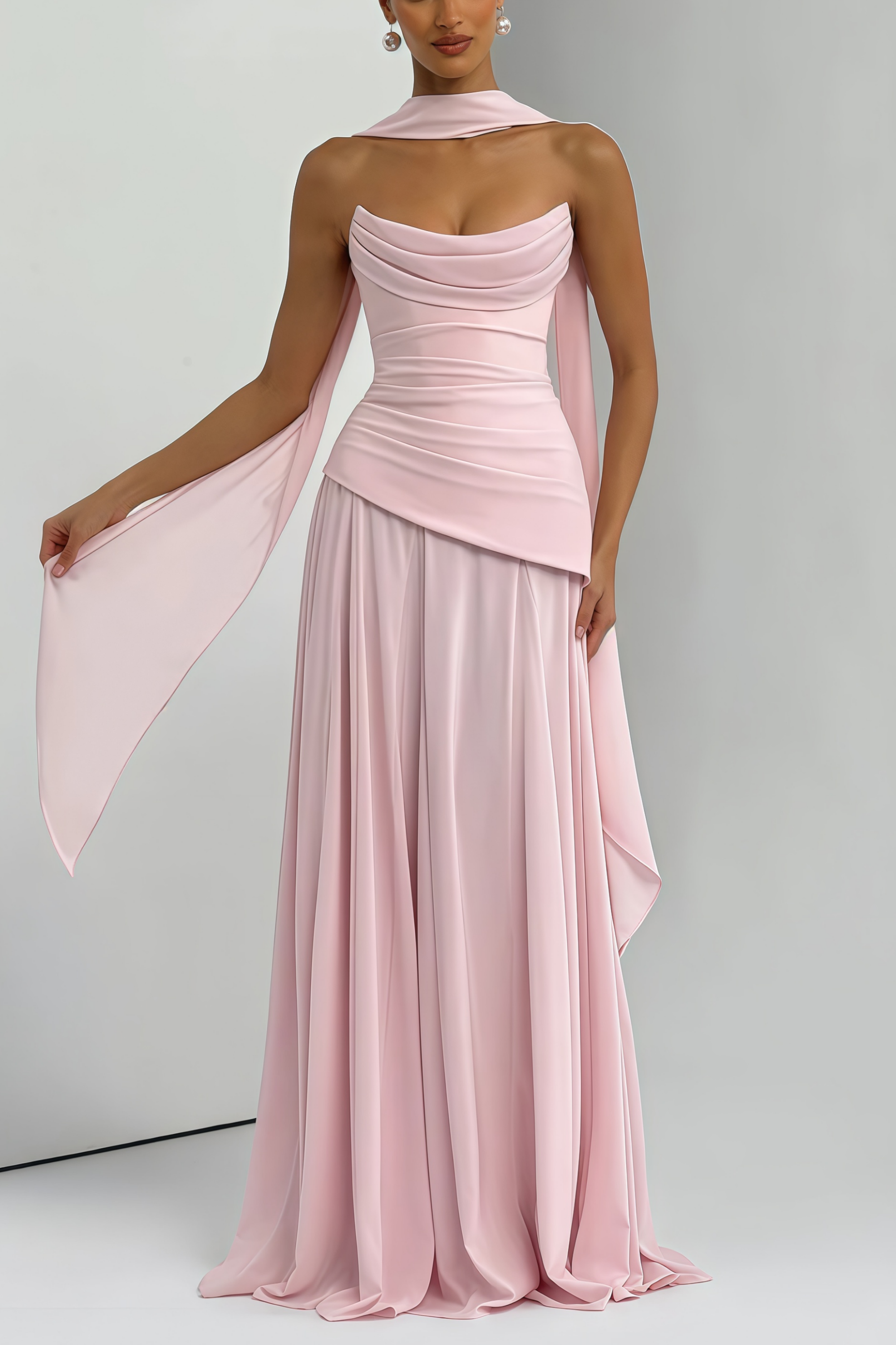 Vestido maxi de novia rosa sin tirantes con corsé de encaje y falda de chiffon, estilo elegante y romántico.