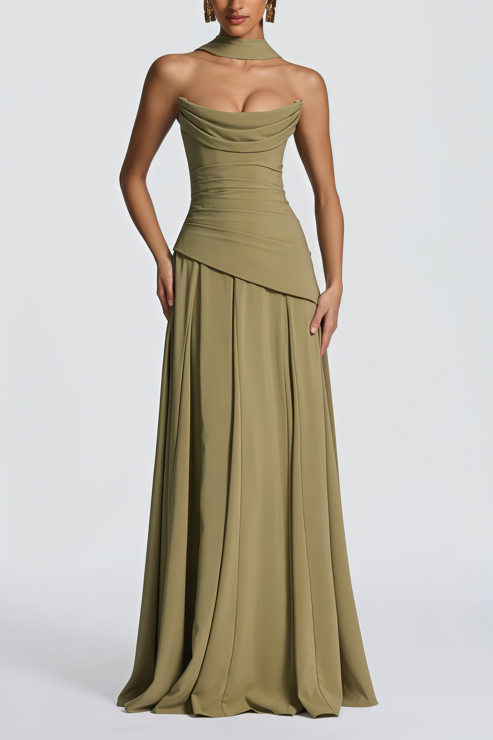 Vestido maxi sin tirantes en chiffon verde romane, estilo corset ajustado y elegante, para ocasiones especiales.