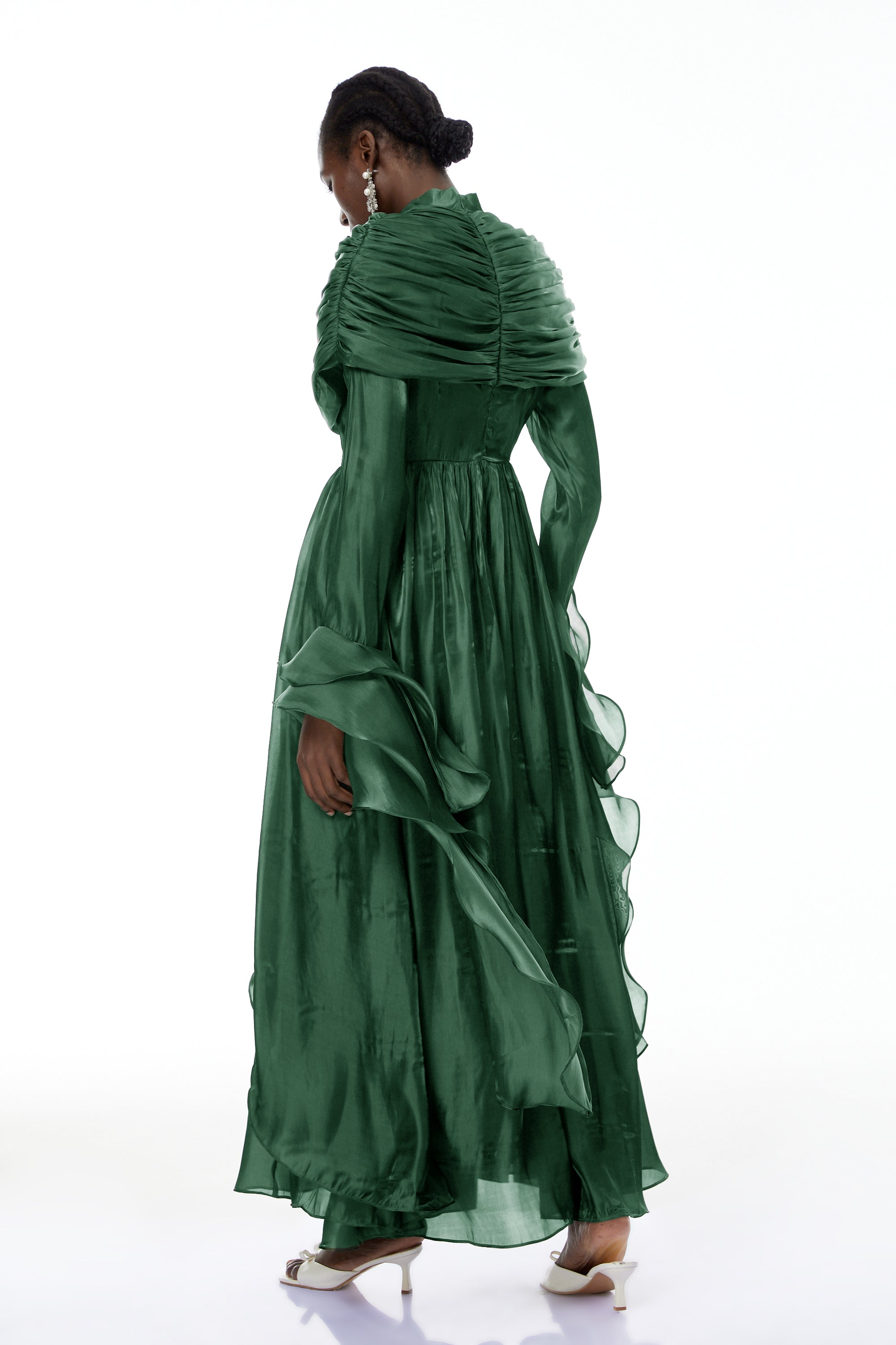 Gustave Green Ruched Cape Ruffled Maxi Dress