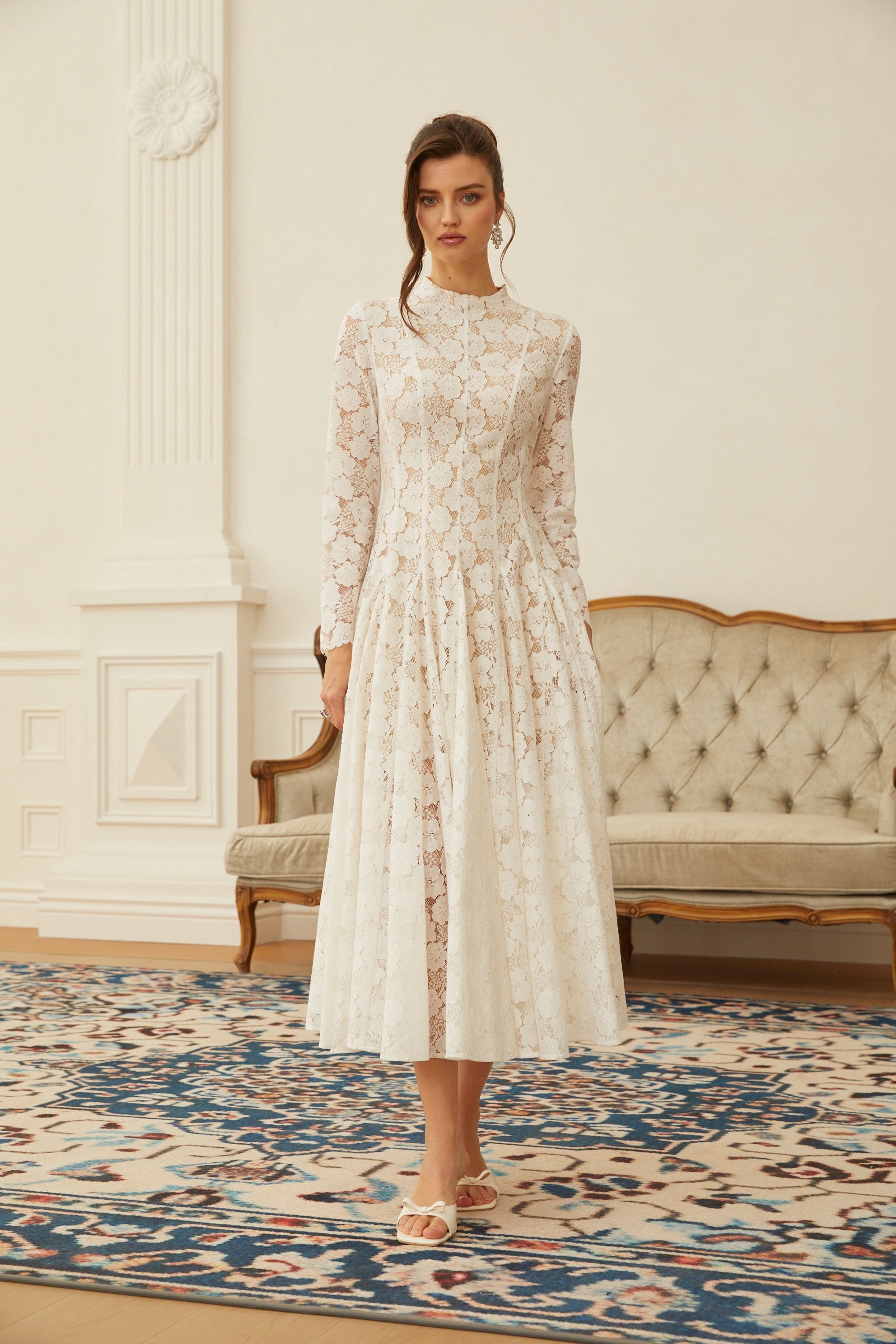 Bronte White Pleated Floral Lace Midi Dress (Final Sale-US Only)