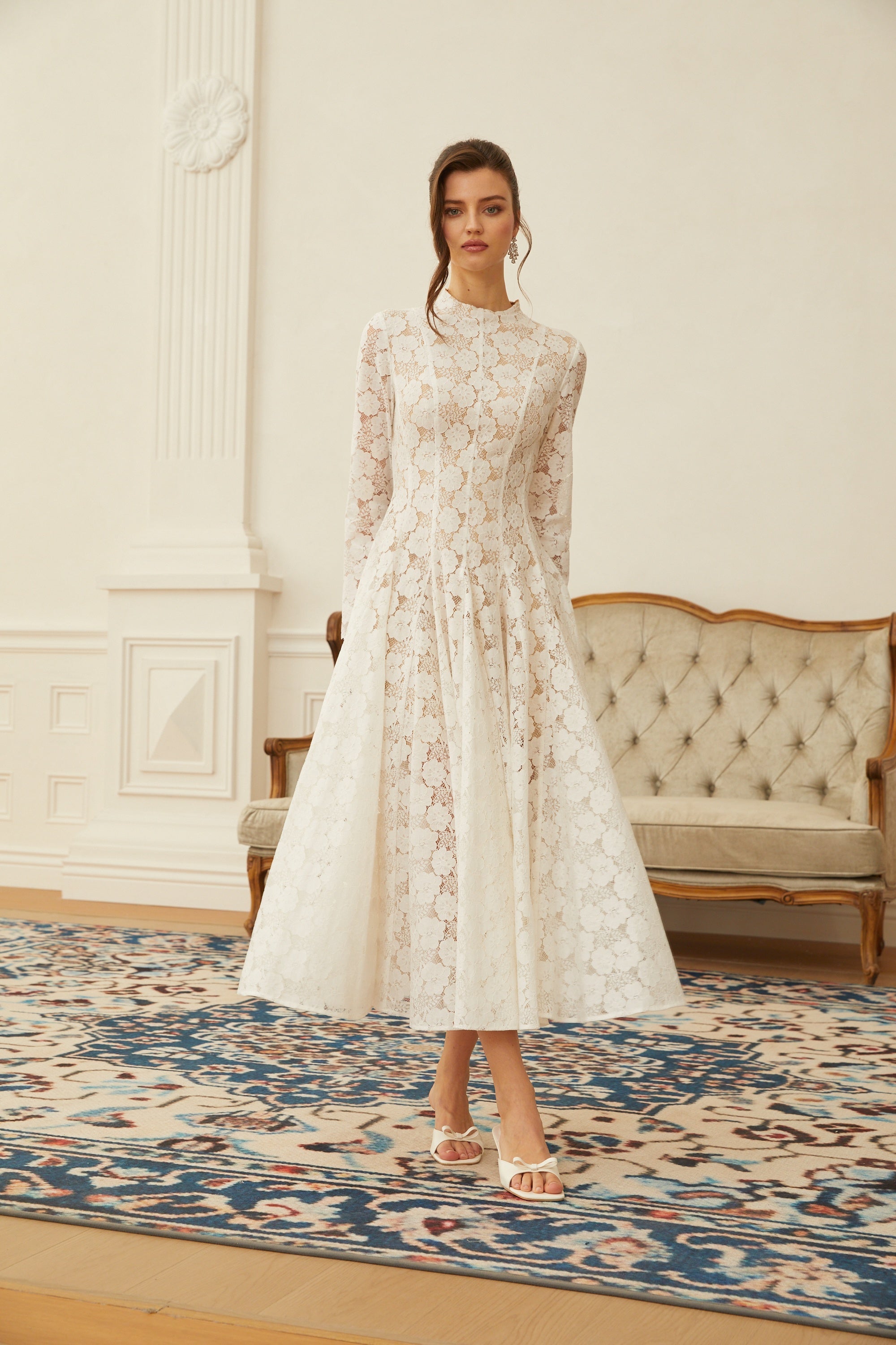 Bronte White Pleated Floral Lace Midi Dress (Final Sale-US Only)