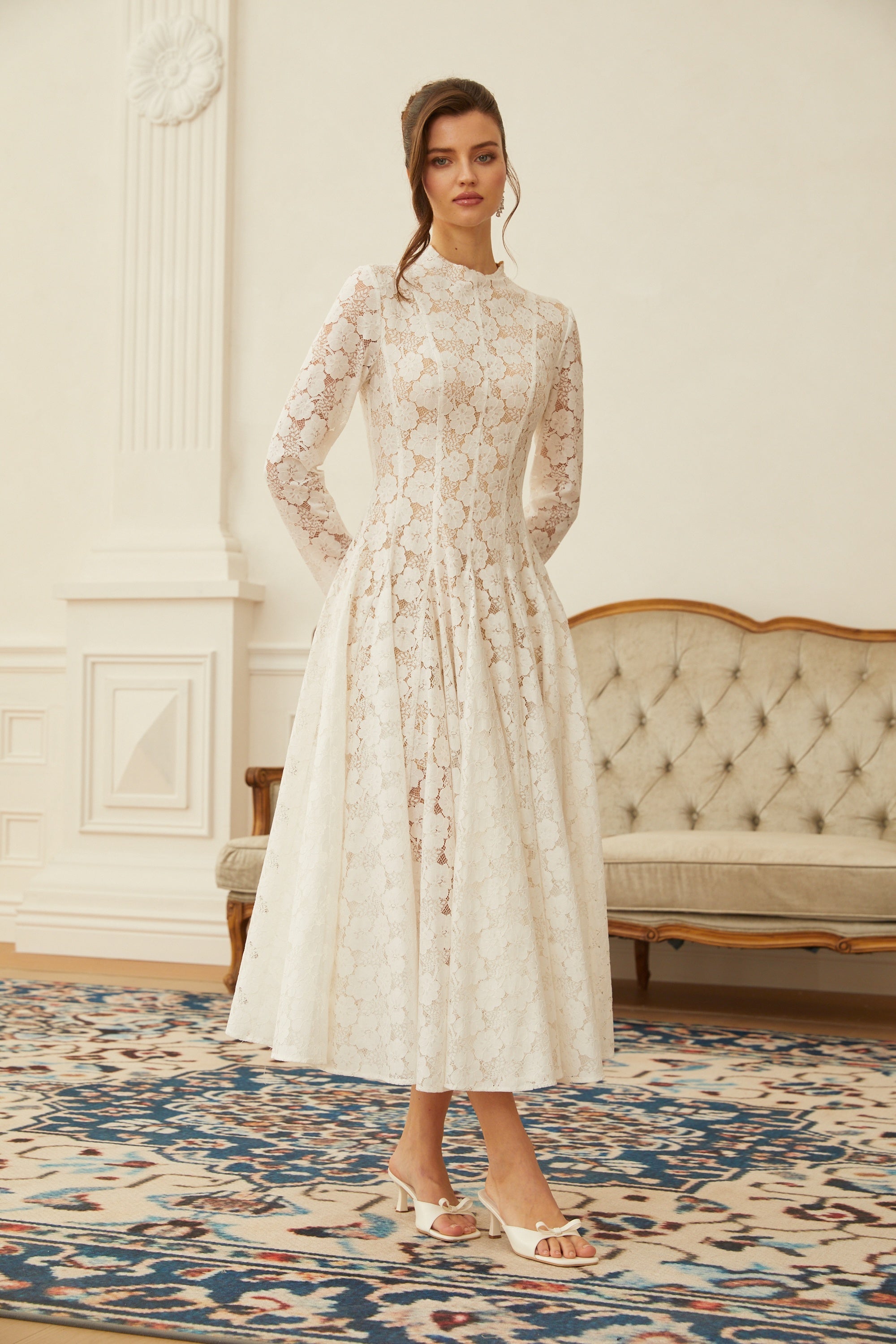 Bronte White Pleated Floral Lace Midi Dress (Final Sale-US Only)