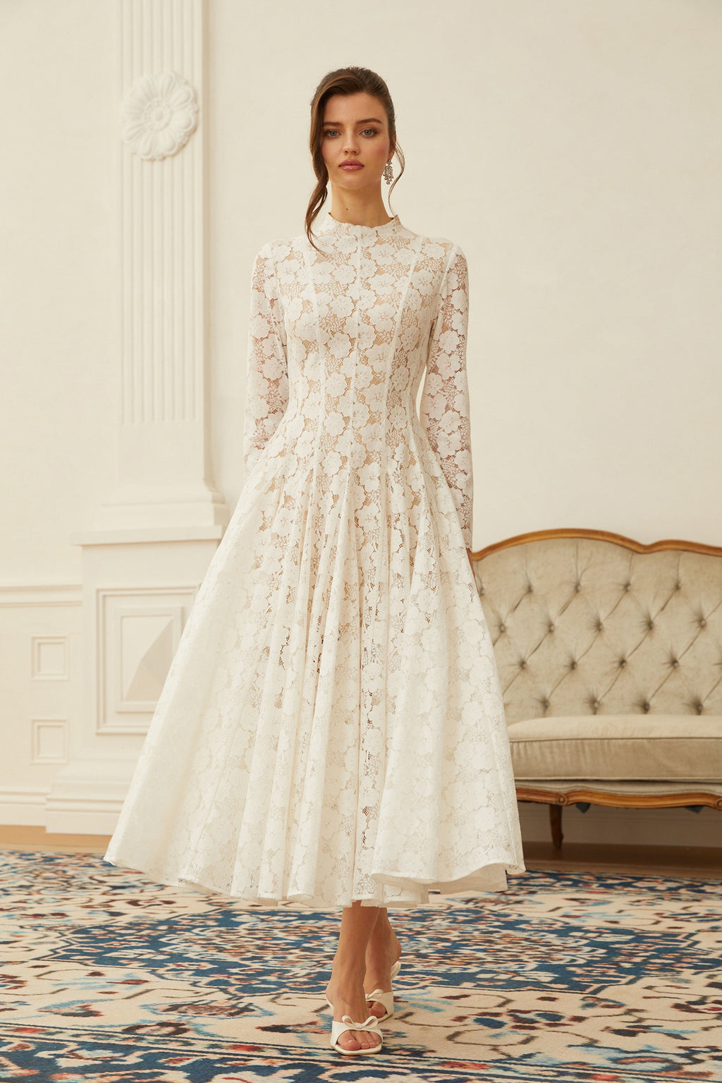Bronte White Pleated Floral Lace Midi Dress (Final Sale-US Only)