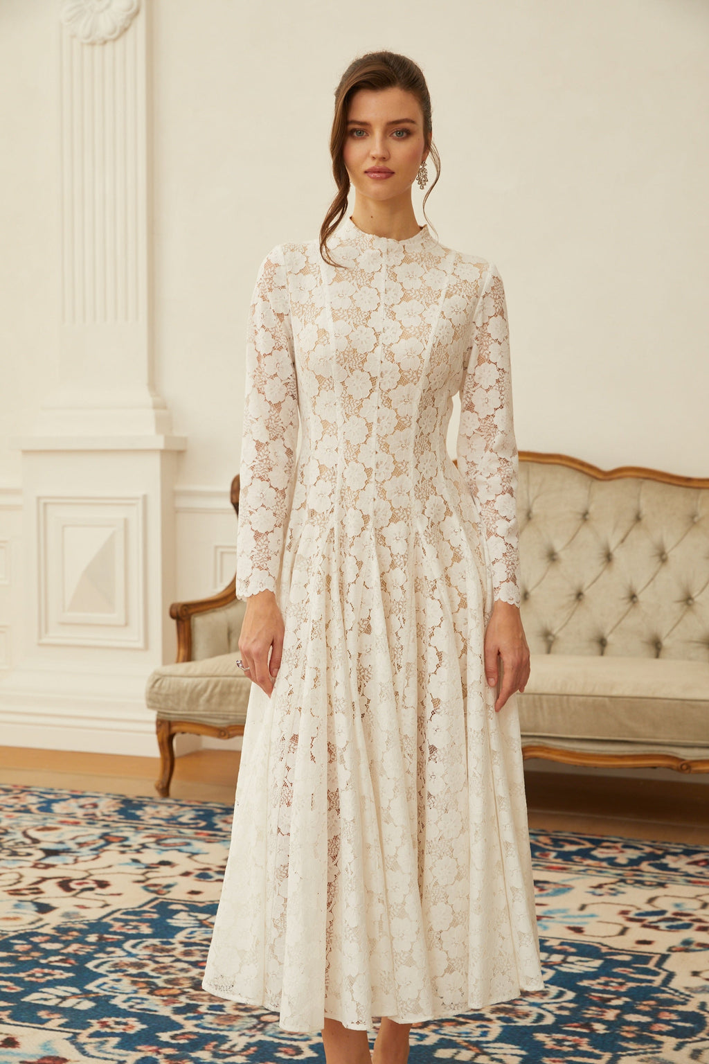 Bronte White Pleated Floral Lace Midi Dress (Final Sale-US Only)