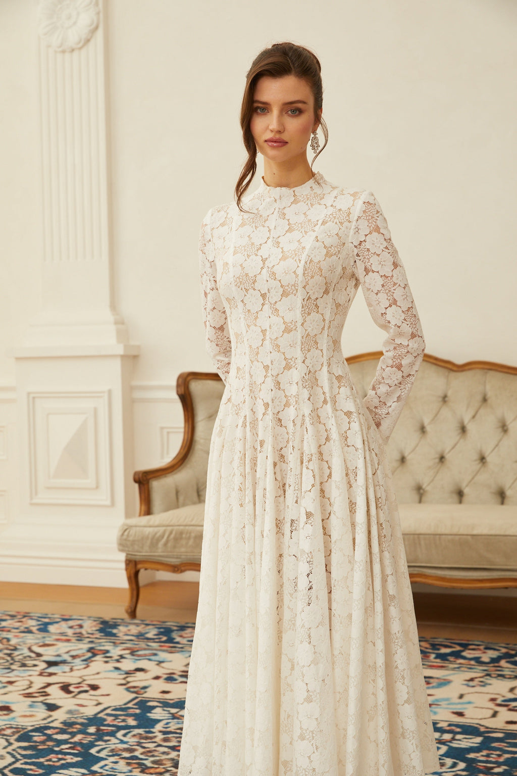 Bronte White Pleated Floral Lace Midi Dress (Final Sale-US Only)
