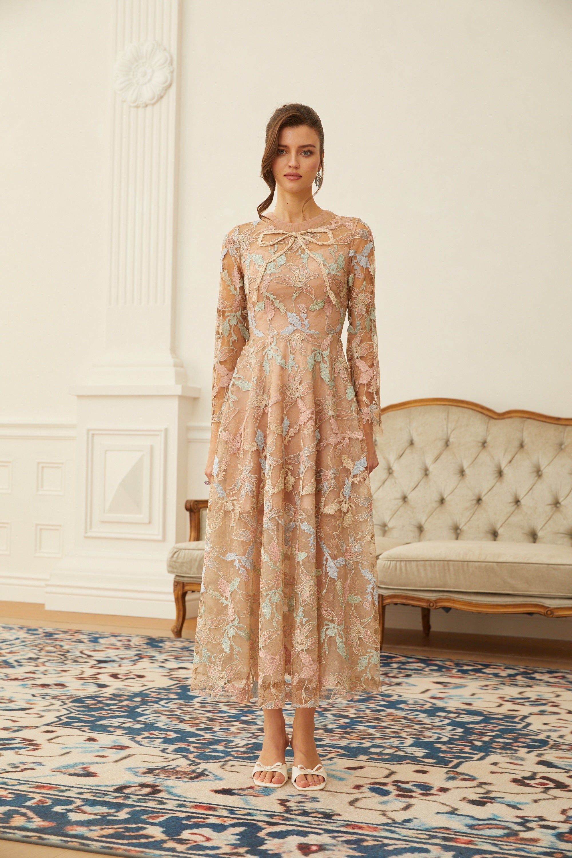 Ragnfrid Neutral Floral Jacquard Lace Midi Dress (Final Sale-US Only)
