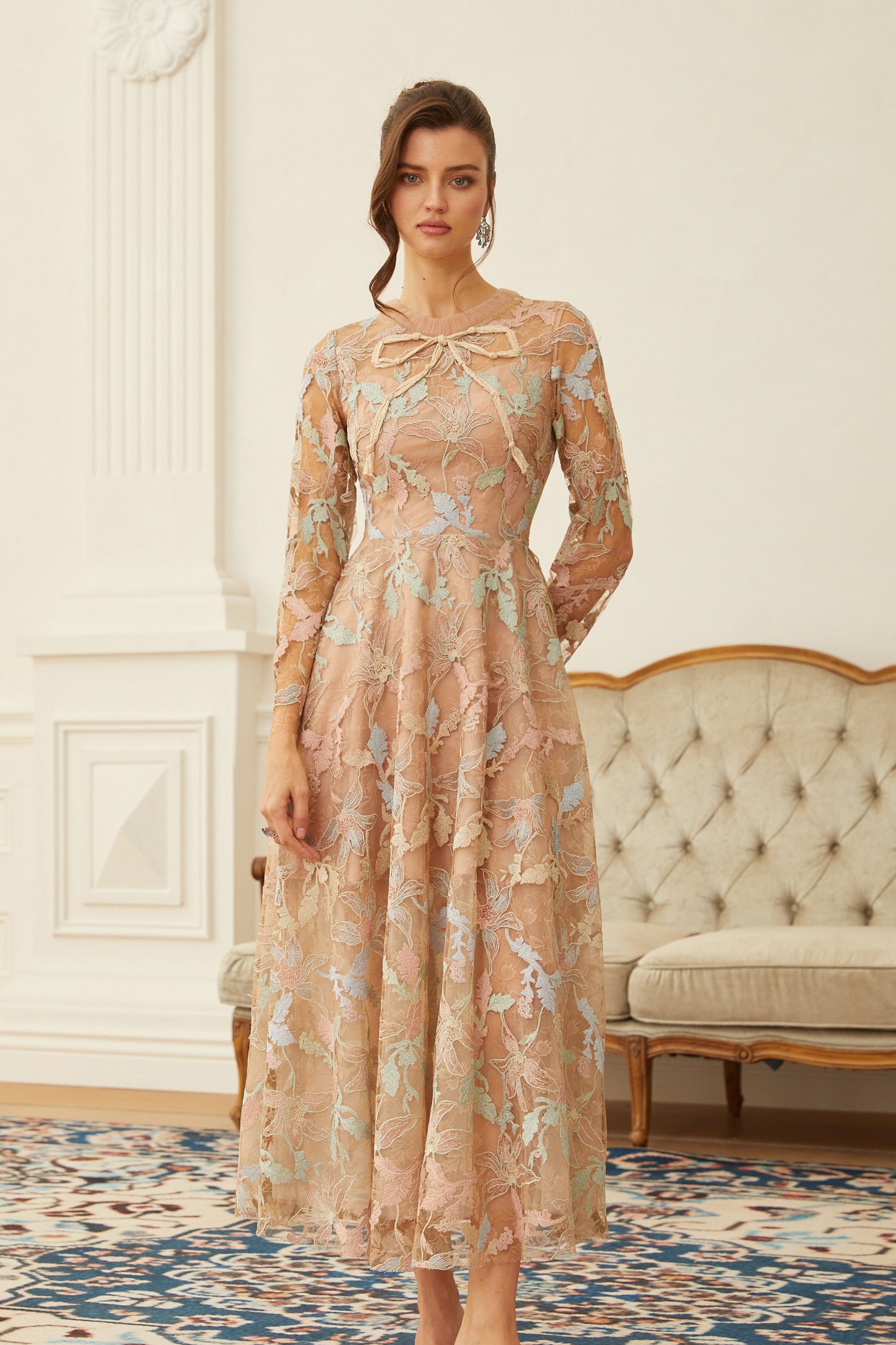 Ragnfrid Neutral Floral Jacquard Lace Midi Dress (Final Sale-US Only)