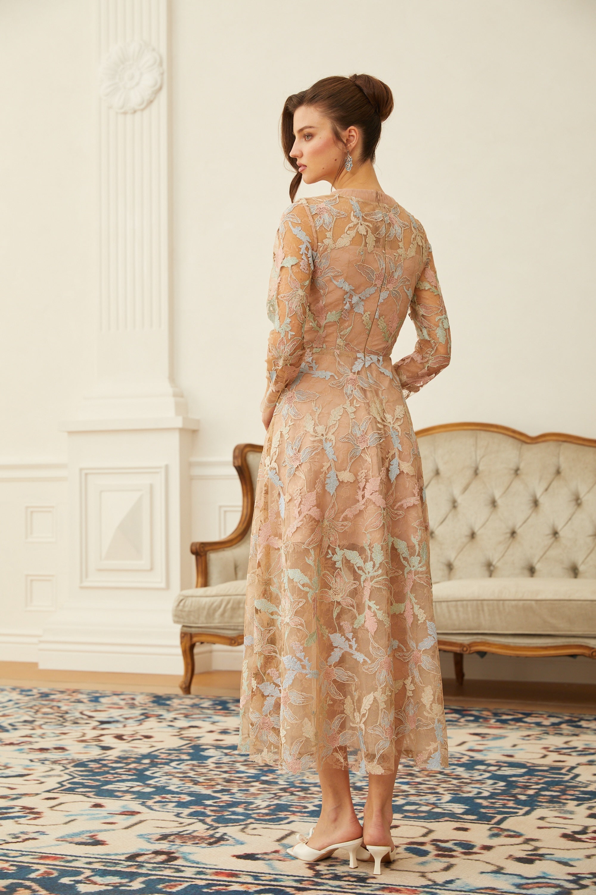 Ragnfrid Neutral Floral Jacquard Lace Midi Dress (Final Sale-US Only)