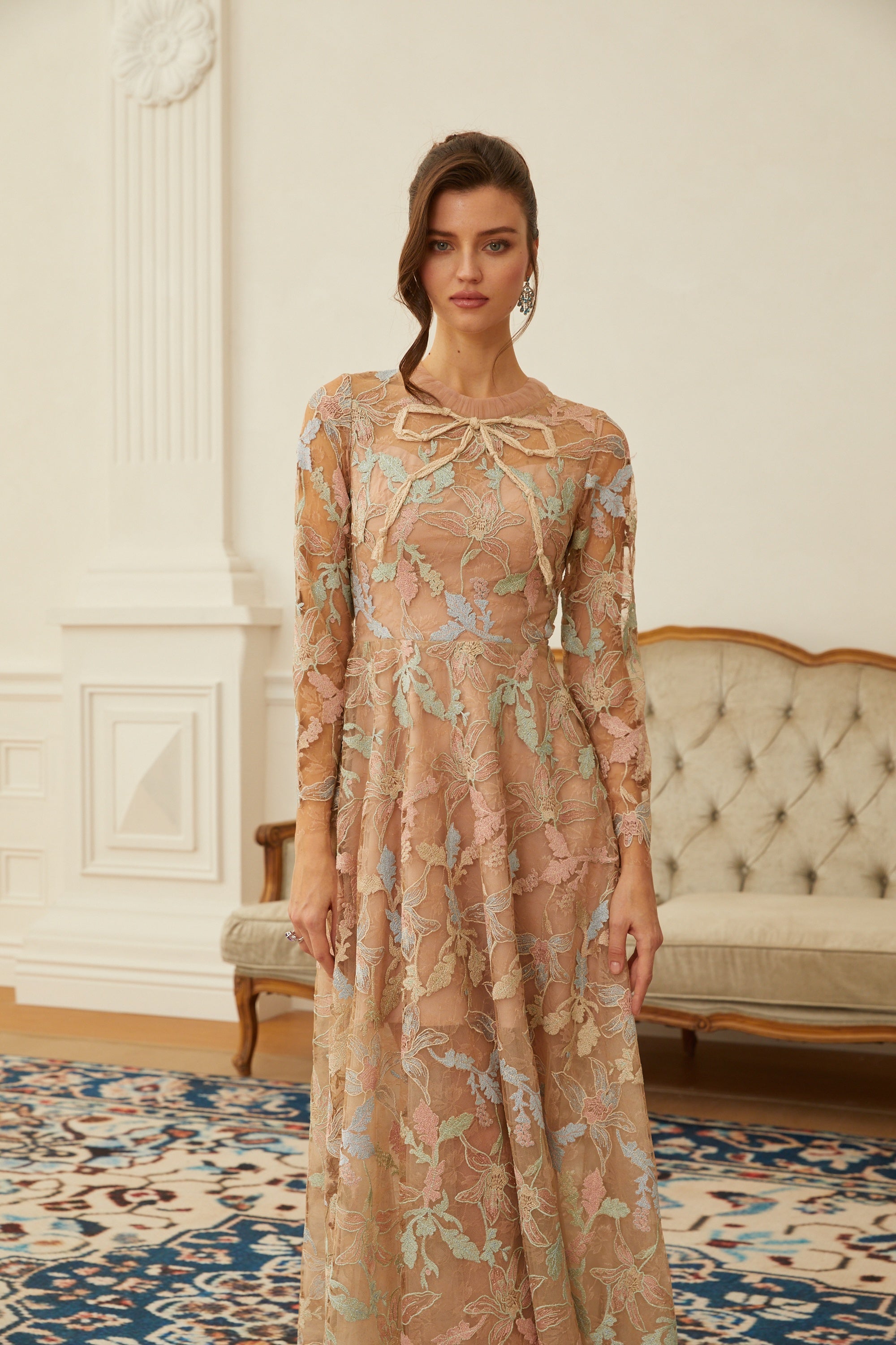 Ragnfrid Neutral Floral Jacquard Lace Midi Dress (Final Sale-US Only)